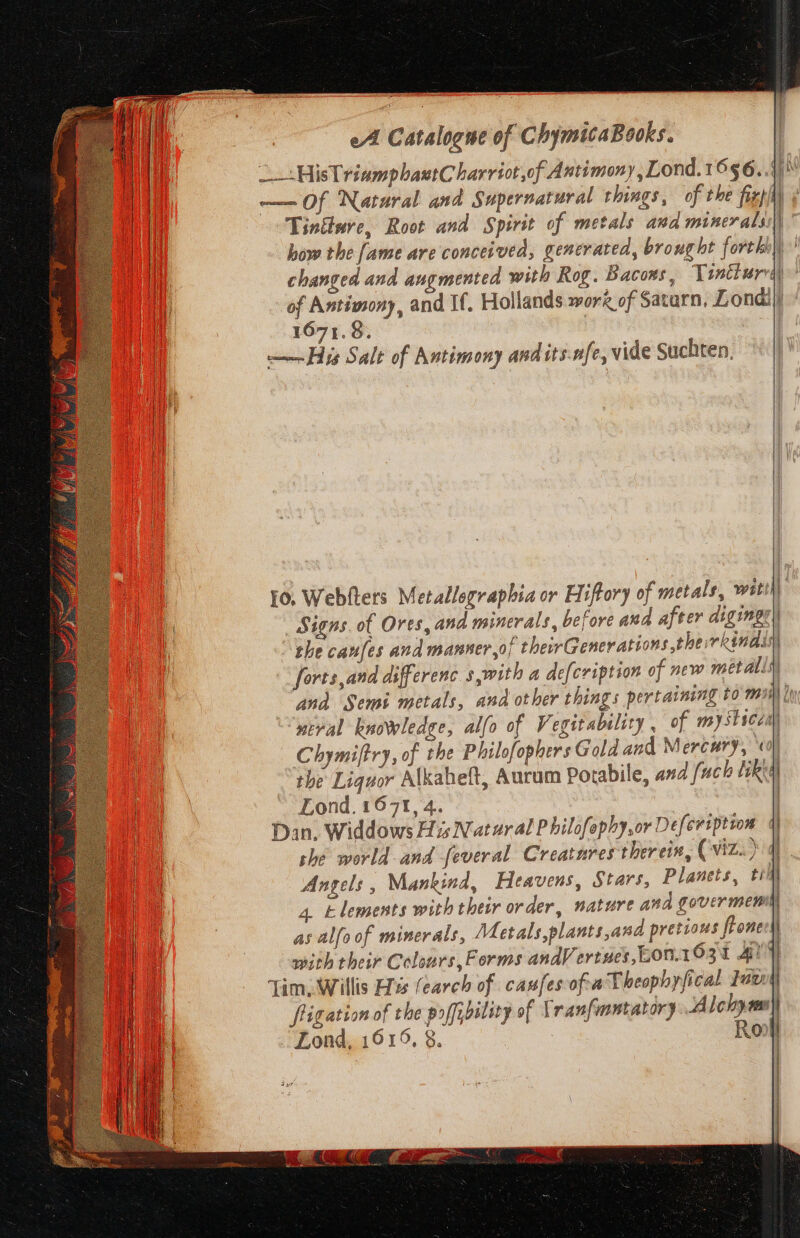 His TriampbaetCharriot of Antimony, Lond.16§6. . gio — Of Natural and Supernatural things, of the fizpi\ ¢ Tintlere, Root and Spirit of metals and minerals: | how the [ame are conceived, generated, brought forekh|) changed and augmented with Rog. Bacoxs, Yintlurea) of Antimony, and If. Hollands work of Satarn, Lond); 1671.8. | ———His Salt of Antimony andits-nfe, vide Suchten. Signs. of Ores, and minerals, before and after diginge) ‘the caufes and manner oj ‘theirGenerations therrkindix forts,and differenc. swith a defcription of new metals, and Semi metals, and other things pertaining to mui) | “weral knowledge, alfo of Vegitabslsty . of mysticca Chymiftry, of the Philofophers Gold and Mercury, ‘ol the Liquor Alkahelt, Aucum Porabile, and (uch HRt) ~ Lond. 1671, 4. | Din. Widdows His Natural Philofephy,or Defersption the world and feveral Creatares therein, (vizZ.)'q Angels , Mankind, Heavens, Stars, Planets, ti 4. Elements with their order, nature and govermenm as alfoof minerals, Metals,plants,and pretious fronecsi with their Colours, Forms andV ertues,Lon.1031 4! | | Lim. Willis Hus (earch of caufes ofa Theophyfical faz frigation of the pof,pility of lranfmntatory Alchymy) Lond, 1619, 8. Roof | ; { { i| a: