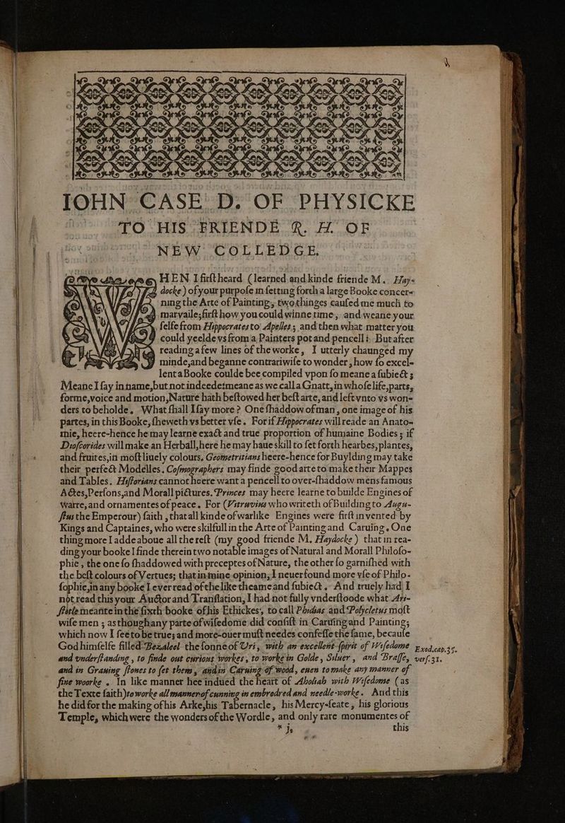 IOHN CASE D. OF PHYSICKE TO HIS “FRIENDE R. H OF | ea NEW COLLED GE. i, ~ HEN Ifirftheard (learned. andkinde friende M. Hay | docke ) of your purpofe infetting forcha large Booke concer ; ning the Arte of Painting; twothinges caufedme much to “24 marvaile; firft how you could winne time, and weane your 2A felfe from Hippocratesto’ Apelles,; and then what matter you 729 could yeeldevs from a Painters potand pencell i. Butafter ead readingafew lines of theworke, I utterly chaunged my gy minde,and beganne contrariwife to wonder; how fo excel- | lentaBooke coulde bee compiled vpon fo meane a fubie&amp; ; Meane] fay inname,but not indeedesmeane as we calla Gnatt, in whofelife,parts, forme,voice and motion,Nature hath beftowed her beft arte, and left vnto vs won= ders to beholde. What fhall [fay more ? One fhaddow ofman, one image of his partes, in this Booke, fheweth vs better vfe. For if Heppocrates willreade an Anato= thie, heere-hence he may learne exaét and true proportion of humaine Bodies ; if Diofcorides will make an Herball,here he may haue skill to fet forth hearbes, plantes, and fruites,in moftliuely colours. Geometritians heere-hence for Buylding may take it their perfe Modelles. Cofmographers may finde good arteto make their Mappes | and Tables. Hifforsans cannot heere want a pencell to over-fhaddow mens famous ‘9 Aétes,Perfons,and Morall pictures. Princes may heere learne to builde Engines of warre, and ornamentes of peace. For (Vitravins who writeth of Building to Aags- ftusthe Emperour) faith , thatall kinde of warlike Engines were firftin vented: by Kings and Captaines, who were skilfullin the Arte of Paintingand Caruing. One thing more I addeaboue all the relt (my good friende M. Haydocke ) that in rea- ding your booke I finde thereintwo notable images of Natural and Morall Philofo- phie, the one fo fhaddowed with preceptes of Nature, the other fo garnifhed with the beft colours of Vertues; thatinmine- opinion, 1 neuerfound more vfe of Philo- fophie,in any booke Leverread of thelike theameand fubie&amp; . And truely had I | _ notread this your Au&amp;orand Tranflation, I had not fully vnderftoode what Ars- fiitle meante inthe fixth booke ofhis Ethickes' to call Pordias and Polycletus moft i wife men ; asthoughany parte of wifedonie did confift in Carwinigand Painting; il which now I feetobe true; and more-ouer muft needes confeffethe fame, becaule | I Godhimfelfe filled-Bexaleel the fonneof Uri, with an excellent (pirit of Wefedome x og cay se. and wnderftanding , to finde out curious workes, to workein Golde, Ssluer , and Braffe, verf.31. and in Graning ffones to (et them, andin Carning of wood, enen to make any manner of fine woorke . In like manner hee indued the heart of Aholiab with Wifedome (as che Texte faith) to worke all mannerof cunning in embrodred and needle-worke. Aud this he did for the making ofhis Arke,his Tabernacle, his Mercy-feate, his glorious Temple, whichwere the wonders ofthe Wordle, and only rare Se ae * Jy this