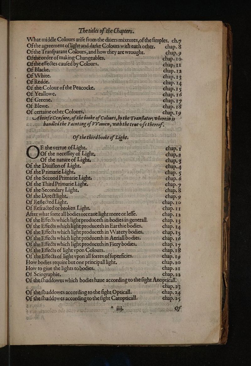 What middle Colours arife from the ditiers mixtures,ofthe fimples, ch.7 Ofthe agreement oflightand darke Colours withveach other. chap. 8 Ofthe Tranfparant Colours, and how they are wrought. __chap.9 Oftheiorder of making Changeables. È ° “chap. ro: Oftheeffectes caufed by Colours. | chap. 11 Of Blacke. eats Hors to haan chap.12 Of White. bese | chap. 13 Of Redde. as chap. 14 Of the:Colour of the Peacocke. . chap.15 Of Yeallowe. : chap. 16 Of Greene... use chap.17 Of Blewe. chap.18 Of certaine other Colours: chap.19 ) cAbriefe Cenfure, of the booke of Colours, by the Tranflators wherein is <1 oe handled the Painting of VV omen, withthe tre vfe thereof. Of the third booke of Light. | FE. thevertue of Light. albi nial chap. r C) Of the neceffity of Light, chap.2 >» Of the nature of Lights SURE chap.3 Of the Diuifion of Light. chap. 4 Of the Primarie Light. onto oy RIO chap.-5 Of the SecondPrimarie Light. chap. 6 Of the Third Primarie Lighe. we chap.7 Of the Secondary Light, spe chap. 8 Of the Dire@light, 0: > chap.9 Of Reflected Light. chap. 10 Of Refractedorbroken Light. | chap. 11 After what forte all bodies receaue light more orlefie. chap. 12 Of the Effects which light produceth in bodies in generall. chap. 13 Of the Effects which light producethin Earthie bodies. chap. 14 Of the Effects which light produceth in Watery bodies. chap.15 Of the Effects which light produceth in Aeriall bodies. chap. 16 Of the Effects which light produceth in Fiery bodies. chap. 17 Of the Effects of light vpon Colours. 3 chap. 18 Of the Effects of light vpon all fortes of fuperficies.:» chap. rg How bodies require but one principall light. chap. 20 How to gine the lights tobodies. |... i i chap. 21 Of Sciographie. | chap.22 - Of the fhaddowes which bodieshaue according to thefight ores da 6 .GkG : € ap È 23 Of thefhaddowes according to the fight Opticall. chap. 24 Of the fhaddowes according to the fight Catopticall. chap.25