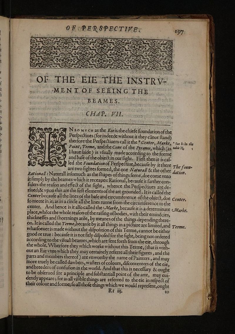 st) See di as a. 3°: rei o> A _ —__——tn0pn CTIVE:; OF PERSPE sii ota MEN TOE, SERN Gat HE CHAP... VII. . Nso mvcw asthe Eveis the chiefe foundationof the > Ga Perlpectiues (forindeede withont it they canot ftand) therfore the Perfpectiuers call it the * Center, Marke, * See b: in she I Point; Terme, andthe Cone of the Fyvamis, which (as Ne 4 Le lhauefaide) is vfually. made according to the forme Ve and bale ofthe obiect.in our fight. Fin then it is cal- CA led the Foundation of Perfpectine,becaufe by itthere The foun- are two fightes formed; the one Waturall & the other ia Rational! : Naturall infomuch:as the fhapes of things feene,doecome vnto it {imply by the beames which it receapes: Rational, becaufe it farther con- fiders the reafon andeffe& of the fight ,, whence the Perfpectiues are de- rived;& vpon this are the firft elements of the art grounded . Itis called the Center becaufe all the lines of the bafe and circumference of the object, doe Ceyper. fo meete in it; as ina circle all the lines runne from the circumference to the center. Andhence is it alfocalledthe ‘Marke, becaufeit is a determinate Marke. place,whéce the whole reaforvof the raifing of bodies, with their eminécies, thicknefles and fhortnings arife, by meanes of the things depending there- on. Itis called the Terme,becanfe by itall things ina picture are limited,and qeyyye. whatfoeucris made without the difpofition of this Terme, cannot be either Sood or true : becaufe itis not firly difpofed for the fight, being not ordered according to the vifuall beames,which are fent forth fom the cie, through the whole. Wherfore they which worke without this Terme, (thatis with- out an Ete vnto which they may certainely referre all their figures , and the parts and members thereof ) are vnworthy the name of Painters , and may more truely be called dawbers, wafters of colours, difcontenters of the cie, and breeders of confufion in the world. And that this is neceflary & ought to be obferued for a principle and {ubftantiall point of thearte, may cui- dently appeare; for asall vifible things are referred to the cie in refpeét of their colour and forme; fo allthofe things which we would reprefent,ought | Rr ij. to