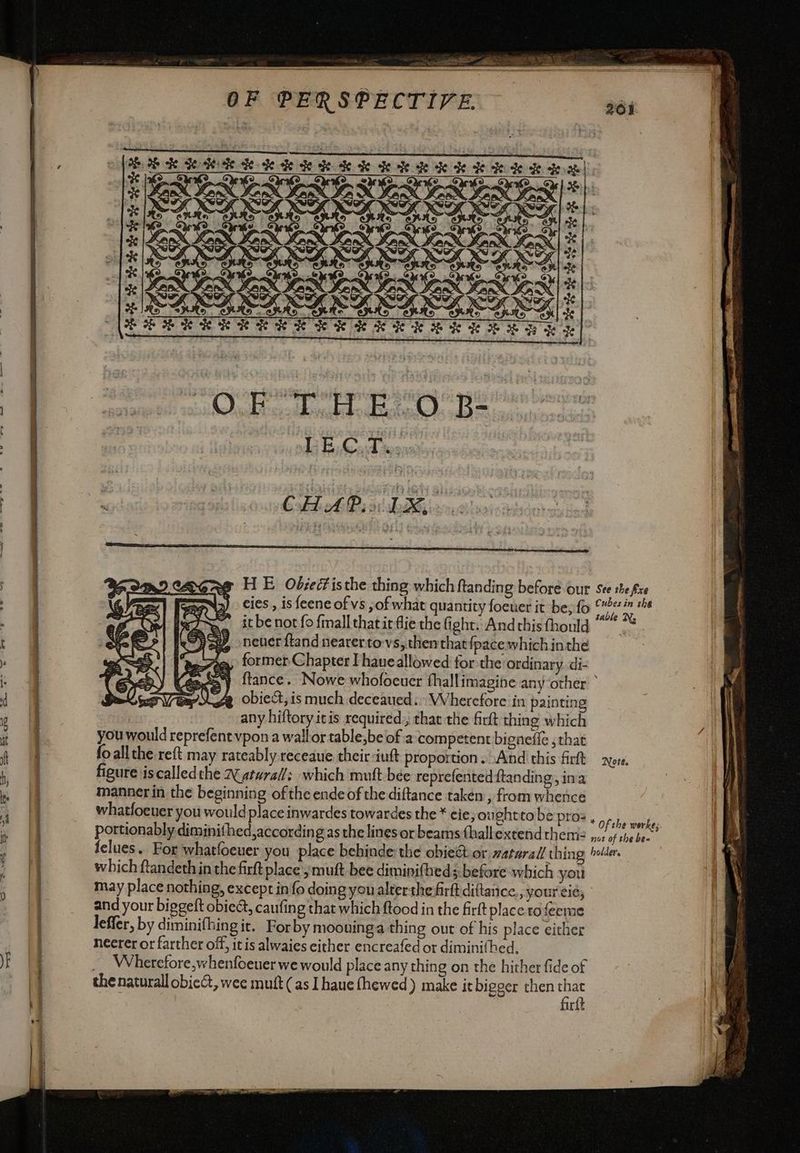 SSIS YANO CNW ANG nO nO ONO ERO SARK RASH SPRKRREKRR KH RK RK Le ew eS fe SCOP poppe ay py LECT. a io g HE Ob;ettisthe thing which ftanding before our see the fixe cies , is feene of vs ,of what quantity foeuer it be;fo pre it be not fo {mall thatir flie the fight. And this thould ‘°° °* psu, neuer ftand nearertovs, thenthat{pace which inthe gq, former Chapter I haneallowed for the’ ordinary di- S24 ftance. Nowe whofocuer fhallimagihe any other * NZ obie&; is much deceaued: Wherefore in painting any hiftory itis required; that the fir& thing which you would reprefent vpon a wallor table;be of a competent bigneffe s that figure iscalledthe 2aturalls which mutt bee reprefented ftanding, ina manner in the beginning of the ende of the diftance taken , from whence whatfoeuer you would placeinwardes towardes the * cie; onghtto be pros . ; Re J felues. For whatfoeuer you place behinde: the obie@ or xatarall thing Polder. which ftandeth in the firft place ymuft bee diminifheds before which you may place nothing, except in fo doing you alterthesirtt diftance., yOUr Cid, | and your biggeft obiect, caufing that which ftood in the firft place rofeeme leffer, by diminifhing it. For by moouinga thing out of his place either neerer or farther off, itis alwaies either encreafed or diminithed, __ Wherefore, whenfoeuer we would place any thing on the hither fide of rit