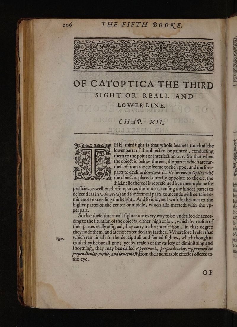 Note 0 ao Ae dl iP 1 & DO RIGO Se) ORSI EL ; HE third aight is that whofe beames touchail the lower parts of the obie&tto be painted , condu&ing them to the pointof interfeGion 4. ¢. So that when the obiect is below the eie , the partes which are far- theft of from the eie feeme to rife vppe , and the fore- parts to decline downwards. Whereas in Optica whé 2 the obiectis placed dire@ly oppofite to the eie, the thicknefle thereof is reprefented by a meere plainé fu» perficies,as well on the forepart as the hinder, caufing the hinder partes to defcend (as in — 4voptica) and the formoft parts to afcende with certaine e- minences exceeding the height. And fo is ioyned with his beames to the higher partes of the center or middle, which alfo meeteth with the vp- er part. do that thefe three reall fightes are every way to be vnderftoode accor- ding to the fituation of the obie&s, either high or low , which by reafon of their partes really afligned, they carry tothe interfection, in that degree they finde them, and are not extended any farther. Wherefore I refer that which remaineth to the deceiptfull and fained fightes, which thoughin truth they bebutall one; yetby reafon of the variety of diminifhing and {hortning, they may bee called Vppermost., perpendicular, vppermoft in iC hia asta oat and lowermost from their admirable effeRes offered to ¢ eye.