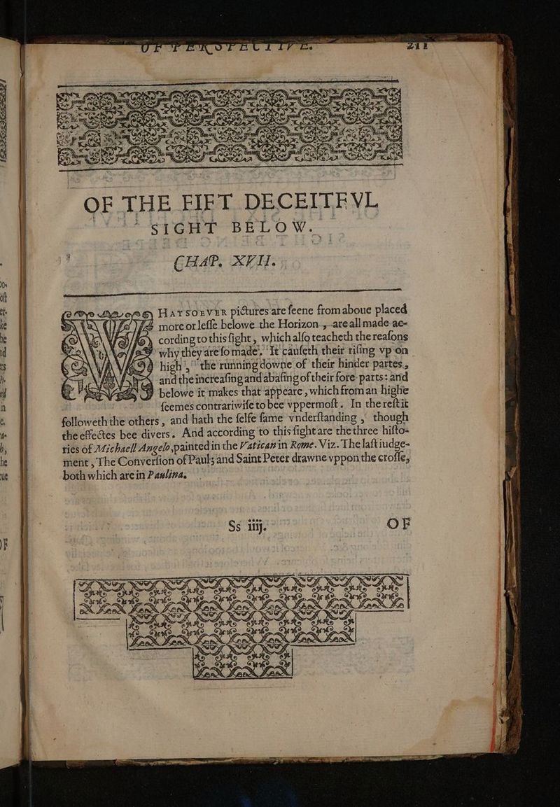 | SIGHT BELOW. | CHAP, XVIH. of o. og) Harsoxver pictures ate feene fromaboue placed be 4 FE more orlefle belowe the Horizon. ,..areall made.ac- N 6) cordingrothisfight, which alfo teacheth the reafons i a why they are fo made’, ‘It canfeth their riling vpon. [A920 high, the running downe of their hinder partes, 5% andtheincreafing and'abafing of their fore- parts: and AN belowe it makes that appeare , which from an highe 7 | feemes contrariwifeto bee vppermoft. In thereftit followeth the others, and hath the felfe fame vnderftanding , though the effectes bee divers. And according to this fight are the three hifto« ries of Michael Angelo painted in the Vatican in Rome. Viz. The laftiudge- ment , The Convertion of Paul; and Saint Peter drawne vppon the crofle, both which arein Paulina.