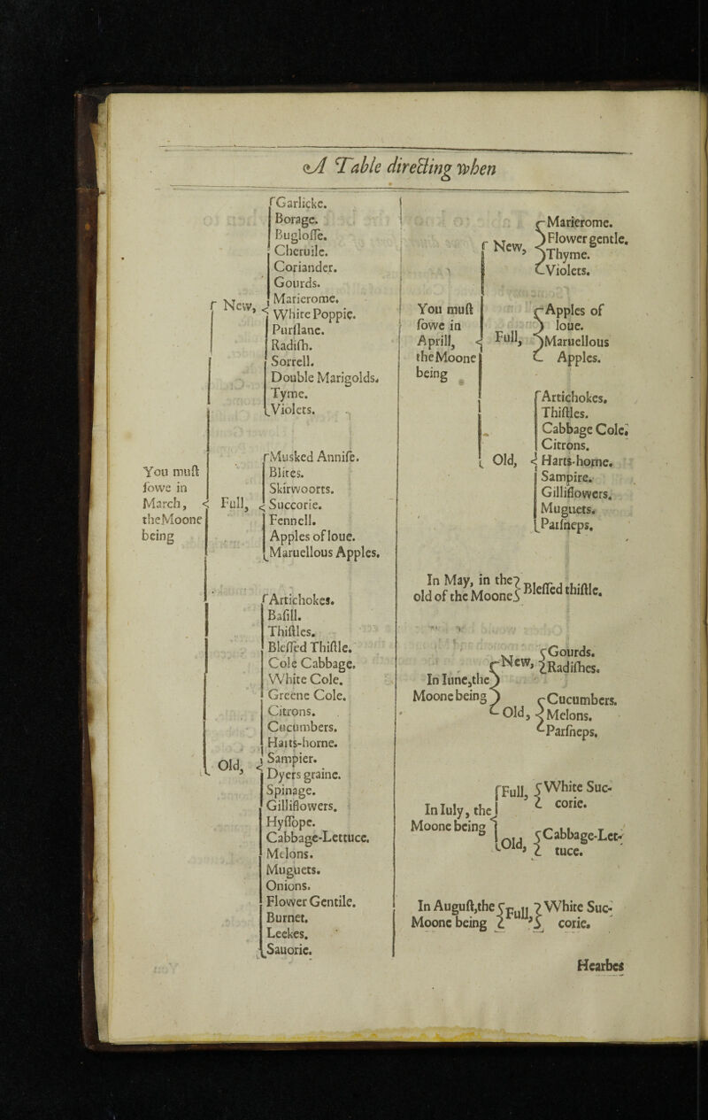*GarIickc. ^ Borage. Bugloiïè. Chcruilc. Coriander. Gourds. New M^rierome. * White Poppiç. Purilanc. Radifb. Sorrell. Double Marigolds.1 Tymc. ^Violets. You muR ibwe in March, < Full thcMoone being 3 < Old. rMusked Annife. Blites. Skirwoorts. Succorie. Fennell. Apples of loue. Maruellous Apples, B Artichokes. Bafill. Thiftlcs, Ble/Tcd Thiflle. Cole Cabbage. White Cole. Greene Cole* ; Citrons. . * Cucumbers. ■ Haits-hornc. Sampler. Dyers graine. Spinage. Gilliflowers. • Hyflbpc. Cabbage-Lettuce. Melons. Muguets. Onions. Flower Gentile. Burnet. Leckes. Sauorie, f You muft fbwe in A prill, <j theMoone being ^ Marierome. -Violets, •Apples of j loue. Full, )Marucllous Apples. Artichokes, Thiftles. Cabbage Cole# Citrons. Old, i HartS'horne, Sampire. j Gilliflowers, Muguets. I^Pailheps. cGourds, In lunCjthe^ Moonebeingj rCocumbers, Old, ^Melons. •Parfheps, In luly, the I Moonc being j fFuU, 5 White Sue-' I cone. lOld, ;e-Lct- In Au Moone guft,the Cpyji 7 being 2. O White Suc- , coric. Hearbes