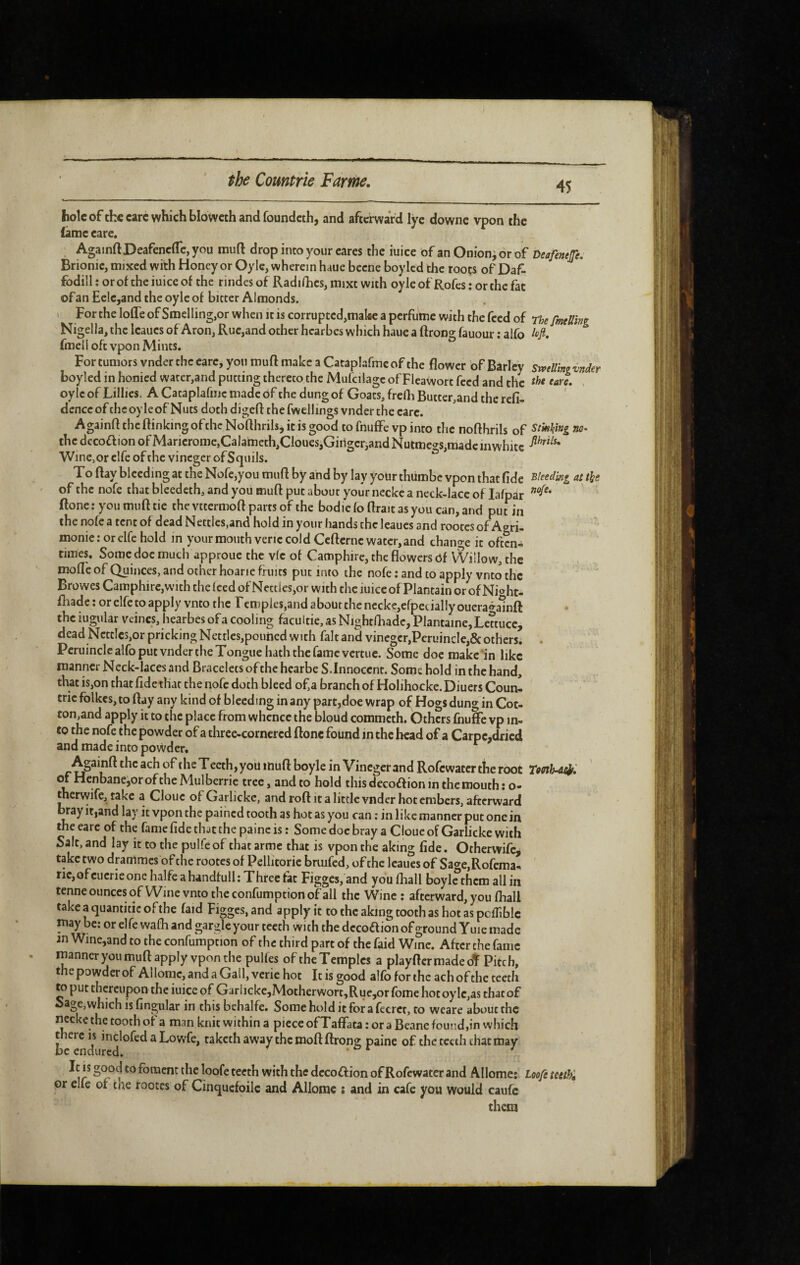 45 hole ofthe care which blowcth and foundcth, and afterward lye downe vpon the fame care. AgainftDeafencfTcjyou muft drop into your cares the iuice of an Oniony or of Ùeafenejfe. Brionic, mixed with Honey or Oyle, wherein haue becne boylcd the roots of Daf. fodill : or of the iuice of the rindes of Radiihes, mixt with oyle of Rofes : or the fat of an Eclc,and the oyle of bitter Almonds. » For the Ioffe of Smelling,or when it is corrupted,mal«e a perfume with the feed of The fmtüing Ki gella, the Icaucs of Aron, Rue,and other hcarbes which haue a ftrong fauour : alfo fmeil oft vpon Mints. For tumors vnder the care, you muft make a Cataplafme of the flower of Barley SrveUing vnder boyled in honied water,and putting thereto the Mufcilagc of Fleawort feed and the the cart , oyle of Lillies. A Cataplafme made of the dung of Goats, frerti Buttcr,and the refi- dcnccof the oyleof Nuts doth digeft thefwellings vnder the care. Againfl the ftinking ofthc Nofthrilsj it is good to fnuffe vp into the nofthrils of Stinging m- the decoftion ofMancrome,Calahieth,CloucSjGiiigcr,andNutmegs,madcmwhitc Wine, or elfe of the vineger of Squils. To flay bleeding at the Nofe,you miifl by and by lay your thiimbc vpon that fide Bleeding at the of the nofe that bleedeth, and you muft put about your necke a neck-lace of lafpar ftone : you muft tie the vttermoft parts of the bodie fo ftrait as you can, and put in the nofe a tent of dead Nettles,and hold in your liands the leaues and rootes ofAgri- monie: or elfe hold in yourmouthverie cold Cefterne water, and change it often* times. Some doc much approue the vie of Camphire, the flowers ôf Willow, the mofle of Quinces, and other hoarie fruits put into the nofe : and to apply vnto the Browes Camphire,with the Iced of Netties,or with the iuiceofPlantainorofNi'^ht- fhade; or elfe to apply vnto the rcmpic$,and about the necke,efpeciaIlyouera^a1nft the iugular veines, hearbes of a cooling facultie, as Nightfhade, Plantaine, Lettuce, dead Ncttlc3,or pricking Nettles,pouned with fait and vineger,Peruincle,5c others, . Pcruincle alfo put vnder the Tongue hath the fame vertue. Some doe make‘in like manner Neck-laces and Bracelets of the hcarbe S.Innocent. Some hold in the hand, that is,on that fide that the nofe doth bleed of,a branch of Holihocke.Diuers Coun- trie folkes, to ftay any kind of bleeding in any part,doe wrap of Hogs dung in Cot¬ ton,and apply it to the place from whence the bloud commeth. Others fnufFe vp in¬ to the nofe the powder of a three-cornered ftone found in the head of a Carpe,dried and made into powder, Againft the ach of the T eeth, you muft boyle in Vineger and Rofewater the root Tenh-ûc^i <« Henbane,or of the Mulberrie tree, and to hold this decoffion in the mouth: o- therwife, take a Cloue ofGarlickc, and roft it a licclc vnder hot embers, afterward way it,and lay it vpon the pained tooth as hot as you can : in like manner put one in the earc of the fame fide that the paine is : Some doc bray a Cloue of Garlicke with Salt, and lay it to the pulfcof that arme that is vpon the aking fide. Otherwife, take two drammes of the rootes of Pellitorie bruifcd, of the leaues of Sa<^e,Rofcma- ric,ofcucrieonehalfeahandtull: Threefat Figges, and you fhall boyl °thcm all in tenue ounces of W me vnto the confumption of all the Wine ; afterward, you fhall take a quantitic ofthe faid Figges, and apply it to the aking tooth as hot as pcifiblc may be: or elfe wafti and gargle your teeth with the dccoaion of ground Yuie made m Wine,and to the confumption of the third part of the faid Wine. After the fame manner you muft apply vpon the pulfes oftheTemplcs a playftermadeoT Pitch, t e powder of Ai lomc, and a Gall, vcrie hot It is good alfo for the ach of the teeth m put thereupon the iuice of Gariicke,Motherwort,Rue,or fome hot oyIc,as that of Sage,which is fingular in this bchalfc. Some hold it for a fecrer, to wcare about the necke the tooth of a man knit within a piece ofTaffata : or a Beane found,in which there 1$ inclofcd a Lowfe, taketh away the moft ftrong paine of the teeth chat may be endured. foment the loofe teeth with the deco£f ion of Rofewater and Allome: Loofe teethà or elfe of the rootes of Cinquefoile and Allome : and in cafe you would caufc them