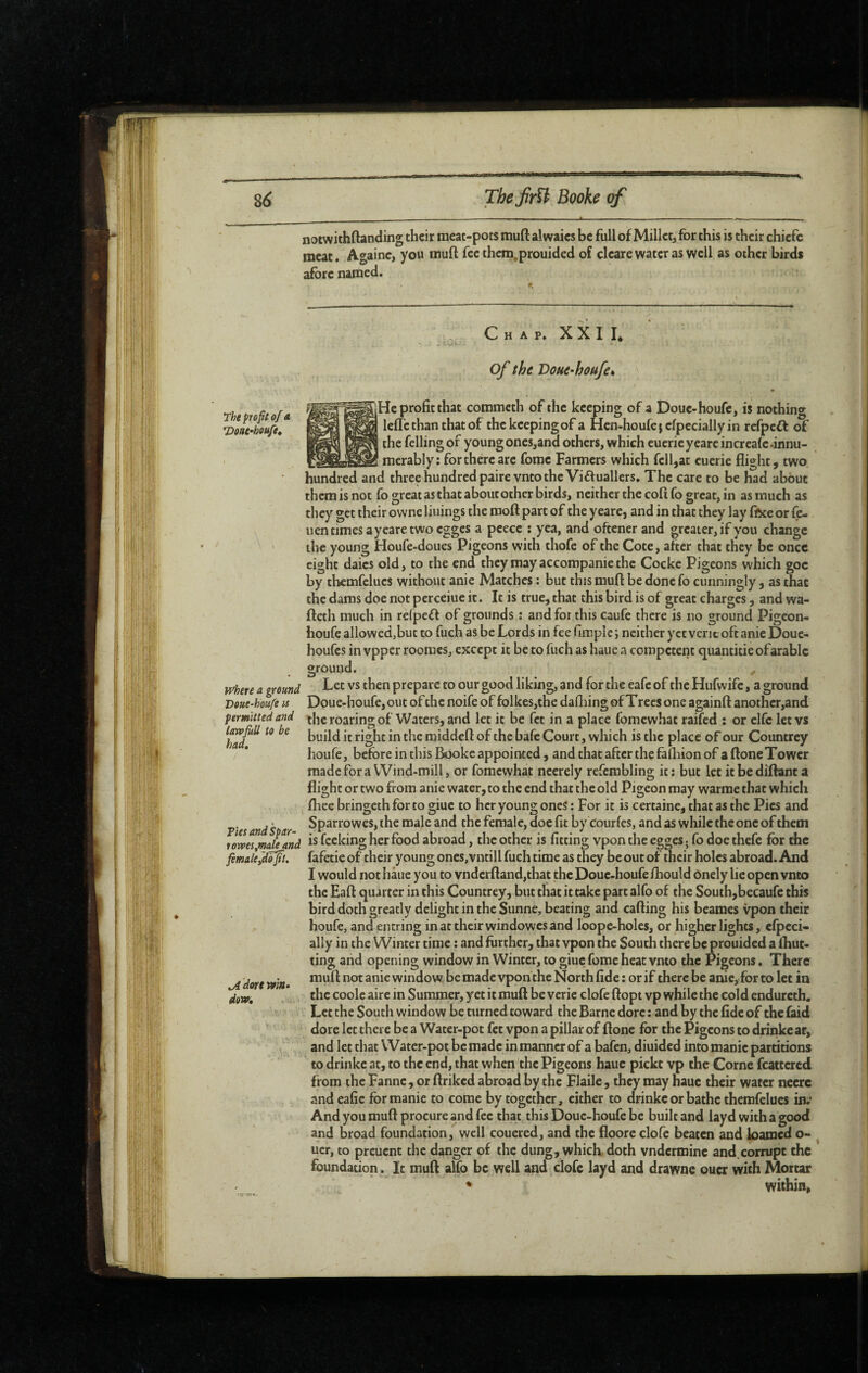 notwithftanding their meat-pots muft alwaies be full of Millet, for this is their chiefc meat. Againc, you muft fee them.prouided of cleare water as well as other birds aforenamed. Chap. XXII* of the Voue-houfe* • |He profit that commeth of the keeping of a Doue-houfe, is nothing ^ lefTe than that of the keeping of a Hen-houfejefpeciallyin refpeft of the felling of young ones,and others, which euerieyeareincreafc.innu¬ merably : for there are fomc Farmers which fell,at euerie flight, two hundred and three hundred paire vnto the Viffuallers. The care to be had about them is not fo great as that about other birds, neither the cofi fo great, in as much as they get their ownc linings the moft part of the y eare, and in that they lay fke or fe- iientimesayearetwoegges a peece : yea, and oftener and greater, if you change the young Houfe-doues Pigeons with thofe of the Cote, after that they be once eight daies old, to the end they may accoropanie the Cocke Pigeons which goe by tbemfelucs without anie Matches : but this muft be done fo cunningly, as that the dams doe not perceiue it. It is true, that this bird is of great charges, and wa- fteth much in relpefl of grounds : and for this caufe there is no ground Pigeon- houfe allowedjbut to fuch as be Lords in fee fimplc; neither yet vent oft anie Doue- houfes in vpper rooracs, except it be to fuch as haue a competent c^uantitie of arable ground. where a ground Voue-houfe is permitted and lawfitll to he had, / Pies and Spar- rovpesjmal^nd fimaleÿdofil. ,A dort Win» dow. Let vs then prepare to our good liking, and for the eafe of the Hufwife, a ground Doue-houfc,out of the noife of folkes,the daftiing of Trees one againft anothcr,and the roaring of Waters, and let it be fet in a place fomewhat railed : or elfe let vs build it right in the middeft of the bale Court, which is the place of our Countrey houfe, before in this Büokc appoirxed, and that after the fa ftdon of aftoneTower made for a Wind-mill, or fomewhat neerely rcfembling it; but let itbediftanta flight or two from anie water, to the end that the old Pigeon may warme that which fliee bringeth for to giue to her young oneS: For it is certaine, that as the Pics and Sparrowes, the male and the female, doe fit by Courfes, and as while the one of them is fccking her food abroad, the other is fitting vpon the egges ; fo doe thefe for the fafetie of their young ones,vntill fuch time as they be out of their holes abroad. And I would not haue you to vndcrftand,that the Doue-houfe fhould ônely lie open vnto the Eaft quarter in this Countrey, but that it take part alfo of the South,becaufc this birddothgreatly delight in the Sunne, beating and cafting his beames vpon their houfe, and entring in at their windowes and loopc-holes, or higher lights, cfpcci- ally in the Winter time : and further, that vpon the South there be prouided a fhut- ting and opening window in Winter, to giue fome heat vnto the Pigeons. There muft not anie window be made vpon the North fide; or if there be anie, for to let in the code aire in Summer, yet it muft be verie clofc ftopt vp while the cold endurcth. Let the South window be turned toward the Barne dore ; and by the fide of the faid dore let there be a Water-pot fet vpon a pillar of ftone for the Pigeons to driiike at, and let that Water-pot be made in manner of a bafen, diuided into manic partitions to drinkc at, to the end, that when the Pigeons haue pickt vp the Corne fcattcred from the Fannc, or ftriked abroad by the Flaile, they may haue their water necrc and eafie for manie to come by together, cither to drinke or bathe themfelues in.* And you muft procure and fee that this Doue-houfe be built and layd withagood and broad foundation, well couered, and the floore clofe beaten and loamed o- ucr, to preuent the danger of the dung, which doth vndcrminc and.corrupt the foundation. It muft alfo be well and clofe layd and drawne oucr with Mortar within.
