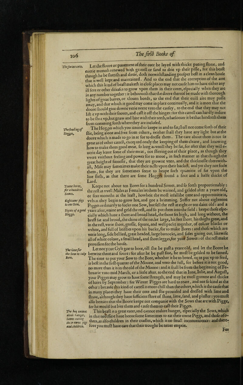 io6 rhe/mnecote. Let the floorc or paucmcnt of their cote be layed with thicke paoingftonc, and cuerie monech renewed With graiiell or fand to drie vp their piue, tor this bealt though he be fluttifh and dirtic, doth notwithftanding profper beft in a clean houfc that is well kept and maintained. And to the end that the corruption of the airc which this kind of bcaft maketh in clofe places may not caufe him to haue either any ill fent or other dileafts to grow vpon them in their cotes, efpecially when they are in any number together : it behooueth that the doorc thereof be made with thorough lightsofo-reatbarres,or clouen bords, to the end that their euill aire may paUc and that which is good may come in place continually, and it is meet that the doore fhould giue downc veric neere vnto the caufey, to the end that they may not lift 11 vp with their fnouts, and cafl: it off the hinges : for this cattell can hardly indiirc to be fhi.c vp,but gnaw and bite with their teethjwhatfoeuer it bethat hindreth them from coraming forth where they arc inclofed. rhefeidmof ThcHo o-ges which you intend to keepe in and to fat,fhall not come forth of their Bogies, ^ {lie, being 5one and f ree from others, neither fhall they haue any light but at the doorc which is made to go in at for to dreffe them. The care about them is not fo greatasofothcr cattell, excepted oncly the keeping of themcleancj and knowing tow to make them good meat, fo long as vntill the) be fat, for after that they will c- uerie day leauc foracof their meat, not flirting out of their place, as though they were without feeling and power for to moue, in fuch manner as that though the wreat heio-htof fatnefle, that they arc grownc vnto, and the thicknefle therewith¬ al, Mife may fometimes make their ntfls vpon their backed, and yet they not feelc them, for they are fometimes feenc to heape fuch quantitie of fat vpon the liuc flefh, as that there arc fome Hogg^ found a foot and a halfc thicke of Teitne bores, for a hundred Soms, gigbteene pigs to one Sorv, Signes of A good Bogge, The time for the Sorv to ta^e Bore, The hog tAimot abtdi hunger. Serves eating thiirorvne pigs and children. Lard. Keepe not aboue ten Bores for a hundred Sowes, and fo forth propoitionably : the reft as well Males as Females let them be wained,and gelded after a ycarcold, or fixemoneths at the leaft, howbeit themoft intallibe timeand opportunitieis, when they begin to grow hot, and goe a brimming. Suffer not aboue eigliteenc Purges ordinarily to fuckc one Sow, but fell the reft at eight or ten daics old: and a yeare after,wainc and geld the reft, and fo put them into the field : keepe thofc efpe- cially which haue a ftiort and broad head, the fnout fet high, and long without, the breft fat and broad, the chine of the neeke large, his feet ftiorr his thighs peat, and in the reft, veric fhort, grofle, fquarc,and wellpackt together, of colour blaeke or white, and full of briftles vpon his backe, for to make Bores : and thofe which arc verie long, fide bellied, great headed, large buttockt, and fidcs giuing out,likcwifc allofwhite colcwir, a fmallhcad, and {horclegges,for your Sowes ; of the reft make! prouifion for the houfc. Let not your Gyltgoc to bore, till fiic be pafta yeareold, and let theBoorebe betwixt three and foure : for after he be paftfiuc, he muft be gelded to befatned. The time to put your Sow to the Bore, whether it be to breed, oç to put vp to feed, is beft in the firft quarter of the Moonc, and vnto the full, for before it is not good, no more than it is in the old of the Moone : and it fhall be from the beginning of Fc- bruarie vnto mid March, or a little after, to the end that in lunc, lulic, and Auguft, your Pigges may grow to haue feme ftrength, and may be well growne and thicke of haire by September : for Winter Pigges are hard to rearc, and not fo kind as the other : becaufe this kind of cattell is more chill than the others,which is the caufe that in many places they haue their cote and ftieprouided and drefled with lime and ftiavv, although they haue fufiicient ftorc of ftonc, lime, fand, and plafter : you muft alfo beware that the Boore keepe not companie with the Sows that are with Pigge, for he would but bite them and caufe them to caft their Pigges. This beaft is a great eater,and cannot endure hunger, efpecially the Sows, which in this neceflitic haue beene fcenc fometimes to cat their owne Piggs, and thofc ofo- thcrs,as alfo children in their cradles, which is no fmall inconuenience; and there¬ fore you muft haue care that their troughs bencucr emptie. 'Cam