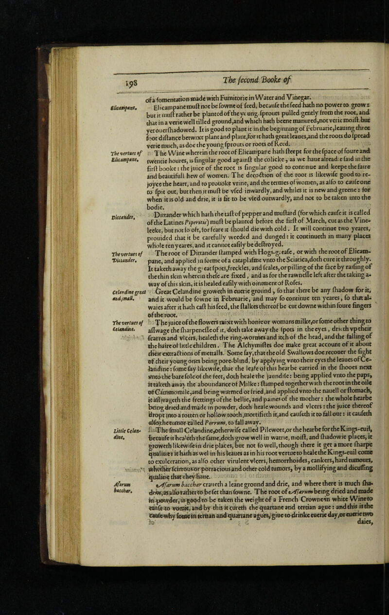 iûcampâne* The vertuts of Elkmpone^ Dhtander, Thtvertueiof •pinander. of a fomentation made with Fumitoric in Water and Vinegar. El icainpanc muft not be fowne of feed, bccaufc the feed hath no power to grow s but it rmift rather be planted of the yc ung fprouts pulled gently from the root, and that in a vcric well tilled ground,and which hath bccne manurcd,not verie rooift,buc yetouerfhadowed. It is good to plant it in the beginning of Februaric,leauing three foot diftance betwixt plant and plant,for it hath great leaucs,and the roots do Iprcad verie much, as doc the young fprouts or roots of Reed. :• The Wine wherein the root of Elicampare hathftcept forthcfpaceoffourcand twcntic heures, is fingular good againft the colicke , as we haue alread:c faid in the firff bookc : the juice of the root is fingular good to continue and keepc the faire and bcautifull hew of women. The decpaion of the root is likcwife good to re- jojrce the heart, and to prouoke vrinc, and the termes of women, as alfo to caufeonc to fpit out, but then it muft be vfed inwardly, and whiles it is new and grccnc : for when it is old and drie, it is fit to be vied outwardly, and not to be taken into the bodie. . Dirtander which hath the taft of pepper and muftard (for which caufe it is called ofthc Latines Pipmrw) muft be planted before the firftofMarch.cutasthcVine- lecke, but not fo oft, for fearc It fhould die with cold. It will continue two ycarcs, prouided that it be carefully weeded and dunged : it continueth in many places whole tenyearcs, and it cannot cafily be deftroyed. The root of Dittandcr ftamped with Hogs-g. cafe, or with the root of Elicam- pane, and applied in forme of a cataplafmc vnto the Sciatica,doth cure it throughly. It taketh away the g» cat ipots^^frcckles, and fcales, or pilling of the face by raifing of the thin skin wherein thefe arc fixed, and as for the rawncfic left after the taking a- way ofihis skin, it is healed cafily with ointment of Rofes. « Celopdine great Great Celandine groweeh in cucrie ground, fo that there be any fhadow for it, tndjmad, and it would be fowne in Februaric, and may fo continue ten yearcs, fo thaitaU , * waics after it hath caft his feed, the ftalkcs thereof be cut downe within fburc fingers oftberoot. ' ■ The juice of the flowers mixt with honieor womans mi]ke,or foroc other thing to aflwagc the fliarpcncflcofit, doth take away the fpots in the eyes, driithvp their foatres and vlcers, hcalcth the ring-wormes and itch of the head, and the falling of ihcbairc of little children. The Alchymiftes doc make great account of it about dhiif extraftionsofmcttalls. Some fay, that the old Swallows doc rccooer the fight of their young ones being porc*bhnd, byapplyingvntothcircycsthclcaucsofCe- fendincifome fay likcwife,that the leafcofthis hcarbe carried in the fhoocs next smto the barefoleof the feet, doth healc the jaundife : being applied vnto the paps, ic taketh away the aboundance of Milkc î ftamped together with the root in the oilc of Cammomilc,and being warmed or fried,and applied vnto the nauell or ftomach, itàftwageth the frettingsofthe bcllie,and painesof the mother ; the whole hearbe tscingdriedandmadc in powder, doth heale wounds and vlccrs : the juice thereof flropt into a rotten or hollow tooth,mortificth it,and caufeih it to fallout : it caufeth «dfojthf tumw called Porrum, to fall away. fiuThe final] Celandine,otherwifc called Pilewort,or the hearbe for the Kings>cuH, ‘bccaàfêiihea^ëththc fame,doth grow well in wacne, moift, and fhadowic places, it growethlikewifc indric places, but not fo well, though there it get amore fharpe qifftiideVitharhas wcl in his leaues as in his root vcrtucto healc the Kings-ciiil come to exulccration, as alfo other virulent vl ccrs, hcmorrhoidcs, cankers,hard tumours, wb^hèrfcrrrOüiPrporracious and other cold tumors, by a mollifying and dicufTing qualicic that theyjfiaoc. ; ' n - ^ tyffarum hacchar craucth a Icanc ground and drie, and where there is much fha- fltw^iasalfotatbêrïo befet than fowne. The root of oAfarum being dried and niadc fn^poiwderj iii-gopd to be taken the weight of a French Crowncin white Wincto tdftCerto vomk, and by this it cureth thcqoaitaneand terdan ague; and this is the ’«Rifeiwhv fooMiin tcr«an aifdquairtane agucs,<giue toçirinkc cucric day,or<u«rietwo fo daics. The venues of Celandine, little Celan dine. Afartm baeehgr. S