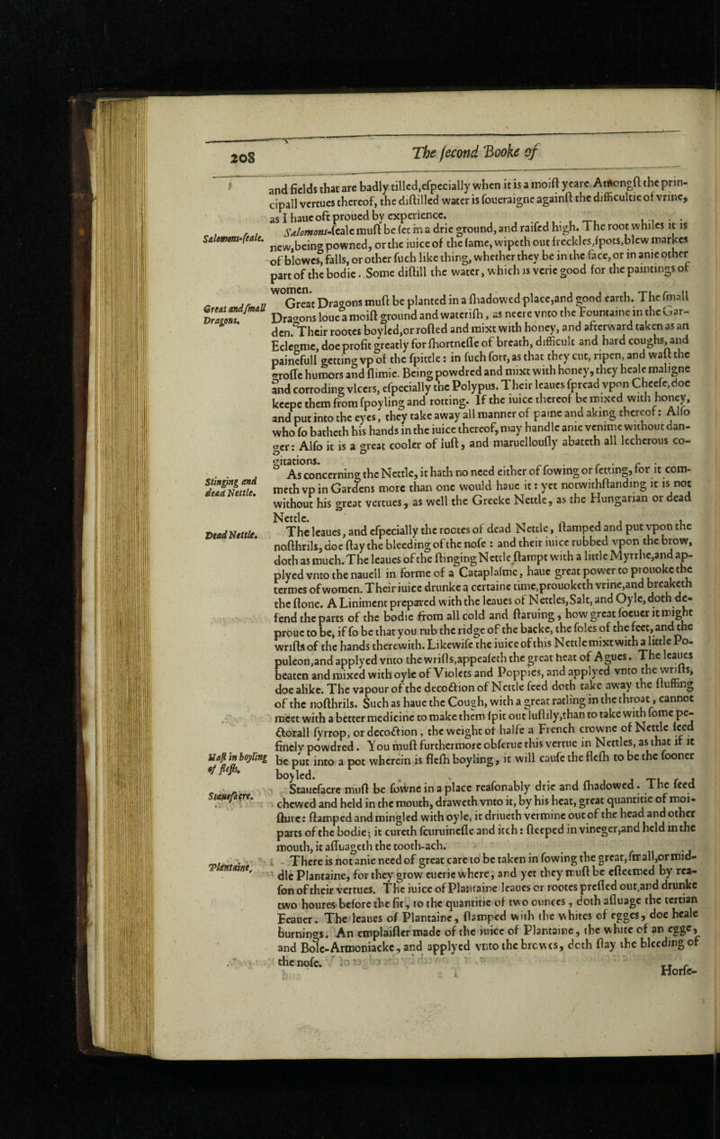 Salomm-fealt, Great and/mall Dragons* \ Stinging end dead Hettle, Dead Heitle, Slafi in hoyling 9f fiefii, StaHf/ip:e, Tlantaine, The fécond 3ooke of andficlds that arc badly tilled,cfpccially when it is a moift yearc. Artongft the prin¬ cipal! vcrtucs thereof, the diftillcd water is foueraigne againft the djfficultie of vrinc, as i hauc oft proued by experience. . , i i • • Salomons~{cîi\t muft be let in a drie ground, and raifed high. The root whiles it is new,being powned, or the iuice of the (atne, wipeth out freckles,fpots,blew markes of blowes, falls, or other fuch like thing, whether they be in the face, or in anie other partofthebodic. Some diQill the water, which is verie good for the paintings of '^^Great Dragons muft be planted in a fliadowed place,and good earth. The fmall Dra^^ons loue a moift ground and waterifh, as neere vnto the Fountaine in the Gar- dcn.'Vhcir rootes bovlcd,or rofted and raixt with honey, and afterward taken as an Eclegme, doc profit g'rcatly for fhortnefie of breath, difficult and hard coughs, and painefull getting vp of the fpittle : in fuch fort, as that they cut, ripen and wa l the ^roffc humors and fliroie. Being powdred and mixt with honey, they he^e maligne ?nd corroding vlccrs, efpecially the Polypus. Their leaues fpread vpon Chccfc,doc keepe them from fpoyling and rotting. If the luicc thereof be mixed with honey, and put into the eyes, they take away all manner of painc and aking thereof : Alfo who fo batheth his hands in the iuice thereof, may handle anic vcnimc without dan¬ ger: Alfo it is a great cooler of luft , and maruclloufly abateth all lecherous co¬ gitations. ., ^ ^ . r • r * As concerning the Nettle, it hath no need cither of fowing or fetting, for it com- mcthvp in Gardens more than one would hauc it: yet notwithffanding it is not without his great vertues, as well the Greeke Nettle, as the Hungarian or dead Nettle. ^,11. The leaues, and efpecially the rootes of dead Nettle, ftamped and put vpon the nofthrils,doe flay the bleeding of the nofc : and their iuice rubbed vpon the brow, doth as much.The leaues of the ftingingNettle.ftaropt with a little Myrrhe,and ap- plyed vnto the nauell in forme of a Cataplafmc, hauc great power to prouokc the termes of women. Their iuice drunkc a certaine timc,prouoketh vrinc,and breaketh the floue. A Liniment prepared with the leaues of Nettles, Salt, and OyIc, doth de¬ fend the parts of the bodie from all cold and flaming, how great foeucr it might prouc to be, if fo be that you mb the ridge of the backc, the foies of the feet, and the wrifls of the hands therewith. Likewife the iuice of this Nettle mixt with a lutlc Po- puleon,and applyed vnto the wrifis,appeafeth the great heat of Agues. The leaues beaten and mixed with oylc of Violets and Poppies, and applyed vnto wmrs, doe alike. The vapour of the decoaion of Nettle feed doth take away the fluffing of the nofthrils. Such as haue the Cough, with a great ratling in the throat, cannot meet with a better medicine to make them (pit out luflily,than to take with fome pe- ^orall fyrrop, or decoftion, the weight of halfc a French crownc of Nettle Iced finely powdred. Y ou muft furthermore obferue this vertue in Nettles, as that it it be put into a pot wherein is flefh hoyling, it will caufe the flefh to be the fooner boylcd. , , Staiicfacrc muft be fovi^nc in a place reafonably drie and fliadowed • 1 he Iced chewed and held in the mouth, draweth vnto it, by his beat, great quantifie of moi- flurc : ftamped and mingled with oyle, it driucth vermine out of the head and other parts of the bodie; it curcth feuruinefle and itch : fleeped in vincgcr,and held in the mouth, ic afluageth the tooth-ach. i - There is not anie need of great care to' be taken in fowing the great, fmall,or mid- ' die Plantaine, for they grow cucric where, and yet they muft be efteemed by rca- fon of their vertues. The iuice of Plantaine leaues or rootes prcfled out,and drunkc two houres)before the fit, to the quantitic of two ounces , doth afluage the tertian Fcauer. Tbe.'lcaues of Plantaire, flamped with the whites of fggcSj doe healc burnino'S. An cmplaifler made of the iuice of Plantaire, the white of an egge, and Bolc-Armoniackc, and applyed vnto ihcbrcwcs, deth flay the bleeding of the nofc. ' ^