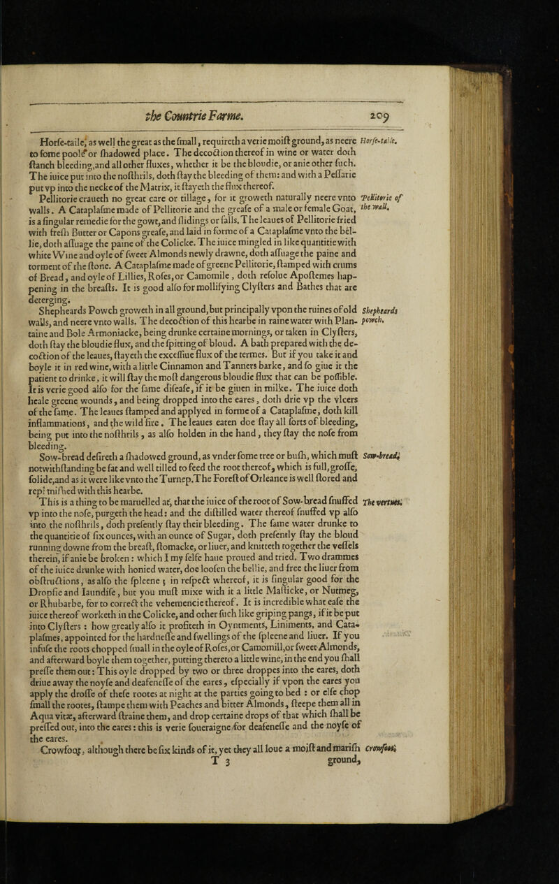 Horfc-tailc; as wcl j the great as the fmall, rcquireth a vcric raoift ground, as neere Horfe-uh'e, to fomc pool^or (hadowed place. The dcco£^ion thereof in wine or water doth ilanch bleeding,and all other fluxes, whether it be the bloudie, or anic other fuch. The iuice put into the nofthrils, doth flay the bleeding of them: and with a Peflarie put vp into the neckc of the Matrix, it flay eth the flux thereof. Pellitoriecraueth no great care or tillage, for it groweth naturally neerevnto TeUitme of walls. A Cataplafmc made of Pellitorie and the greafe of a male or female Goat, theivaU, is a Angular remedie for the gowc,and flidings or falls. T he leaues of Pellitorie fried with frcfli Butter or Capons greafe, and laid in forme of a Cataplafrae vnto the bel- lie,doth afl'uage the paine of the Colicke. The iuice mingled in like quantitiewith white Wine and oyle of fweet Almonds newly drawne, doth affuage the paine and torment of the ftone. A Cataplafmc made of grccne Pellitorie, flaraped with crums of Bread, and oyle of Lillies, Rofes, or Camomile, doth refoluc Apoftemes hap¬ pening in the breafts. It is good alfo for mollifying Clyfters and Bathes that arc deterging. Shepheards Powch groweth in all ground,but principally vpon the ruines of old shepheards waüs, and neere vnto walls. The decoffion of this hearbe in raine water with Plan- pomh, taine and Bole Armoniacke, being drunke certaine mornings, or taken in Clyfters, doth ftay the bloudic flux, andthefpittingof bloud. A bath prepared with the de- coft ion of the leaues, ftay eth the exceffiue flux of the termes. But if you take it and boyle it in red wine, with a little Cinnamon and Tanners barkc, and fo giuc it the patient to drinke, it will ftay the moft dangerous bloudie flux that can be poffible. It is verie good alfo for the fame difeafe, if it be giuen in milke. The iuice doth hcale greenc wounds, and being dropped into the eares, doth drie vp the vlccrs ofthefam.e. The leaues ftamped and applyed in forme of a Cataplafmc, doth kill inflammations, and the wild Are, The leaues eaten doe ftay all forts of bleeding, being put into the nofthrils, as alfo holdcn in the hand, they ftay the nofc from bleeding. Sow-bread dcAreth a fhadowed ground, as vnder fome tree or bulb, which muft SfftP-hmdi notwithftanding be fat and well tilled to feed the root thereof, which is full,groftc, folide,and as it were like vnto the Turncp.The Foreft of Orleance is well ftored and rep! miAied with this hearbe. This is a thing to be raaruclled at, that the iuice of the root of Sow-bread fnufFed vtrtuesi vp into the nofe,purgeth the head: and the diftillcd water thereof fnufFed vp alfo into the nofthrils, doth prefently ftay their bleeding. The fame water drunke to thequantitieof Ax ounces, with an ounce of Sugar, doth prefently ftay the bloud runnine downe from the breaft, ftomackc, or liuer, and knitteth together the vefTels therein, if anie be broken : which I my felfe hauc proued and tried. Two drammes of the iuice drunke with honied water, doe loofen the bellie, and free the liuer from ob ft ruff ions, as alfo the fplccne j in refpeft whereof, it is Angular good for the DropAe and laundifc, but you muft mixe with it a little Maflickc, or Nutmeg, or Rhubarbe, for to correft the vehcmcncie thereof. It is incredible what eafe the iuice thereof worketh in the Colicke, and ocher fuch like griping pangs, if it be put into Clyfters ; how greatly alfo it proAteth in Oyntments, Liniments, and Cata« plafmes, appointed for the hardneffe and fwcllings of the fplcene and liuer. If you infufc the roots chopped fmall in the oyle of Rofes,or Camomill,or fweet Almonds, and afterward boyle them together, putting thereto a little wine, in the end you fhall prefTe them out: This oyle dropped by two or three droppes into the eares, doth driuc away the noyfc and deafenefle of the eares, cfpccially if vpon the eares you apply the drofle of thefc rootes at night at the parties going to bed ; or clfc chop fmall the rootes, ftampc them with Peaches and bitter Almonds, ftcepe them all in Aqua vitæ, afterward ftrainc them, and drop certaine drops of that which ftiall be preftedout, into the eares : this is verie foueraigne for deafenefle and the noyfc of the cares. Crowfoq^t, although there be Ax kinds of it, yet they all loue a moift and marifti ctcfxifiitt
