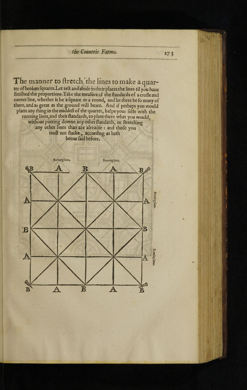 The manner to ftretch 'the lines to make aquar- ter of broken fquares.Let reft and abide in their places the lines til you haue finifticd the proportions .Take the mcafurc of the ftandards of acroffcand corner line, whether it be a fquare or a round, and let there be fo many of them, and as great as the ground will beare. And if perhaps you would plant any thing in the middeft of the quarter, helpe your fclfe with the running lincs,and their ftandards, copiant there what you would^ without putting downe any other ftandards, or ftrerching any other lines than are alreadie : and thofe you muft not flacke, according as hath beetle laid before.  ’ - Runninglines. Running lines. ''
