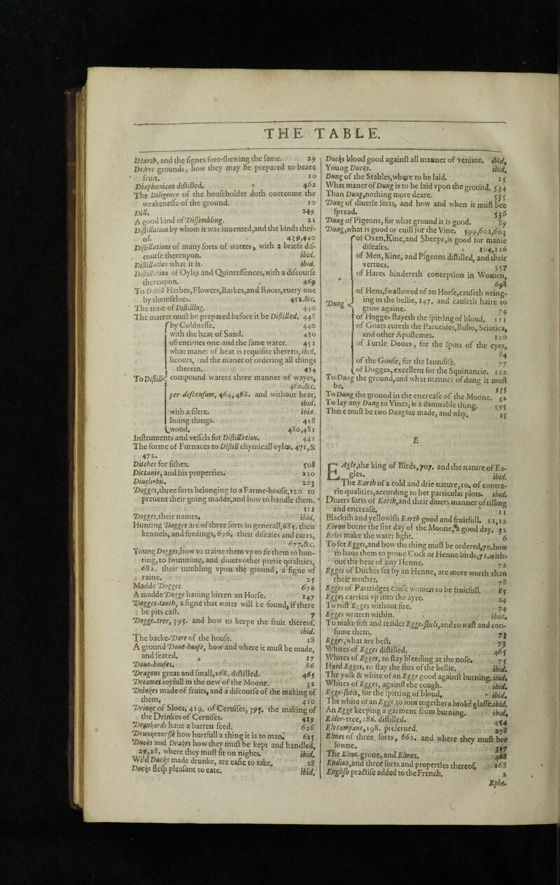 Vsarth, and the fignes forc-fhewing the fame. 29 Ve/en grounds, how they may be prepared to beare fruit. Diaphcenicon diftilled, r 462 The Diligence of the houfeholder doth ouetcomc the • v/cakenefle of the ground. 10 DiU. 249 A good kind of T>i^mbling, 21 DipUatton by whom it was inuented^and the kinds thef- of. . 4?9j440 jy'iftillationi of many forts of waters, with a briefe dif- courfe thereupon. ibid, Vilüüa-ÛBn what it is, ibid. Diiiilli^ion of OylesandQiiinteflenccs,withadifcouifc thereupon, . 469 To D Hid HcrbeSjFlowerSjBaikes,and Roots,cucry one by themfelues. 45».&c. The time of Di^iüîng. _ 440 The matter mull: be prepared before it be Difiilled. 448 ''by Coldneffc. 440 with die heat of Sand. 450 ofrentimes one and the fame water, 451 what maner of heat is requifite thereto, ibid, licours, nd the maner of ordering all things therein. 454 ToD;/ïi//<^ compound waters three manner of wayes, ^ 4<'o.&c. per difcenftm^ 464,468, and without heat, 1 ibid, with a filtre. Wict. liuing things. 4^8 ^wood. 480,481 Inftruments and vcfl'els for Dl(lillatio?t. 441 The forme of Furnaces to Dijiill chymicall oyles, 47i,& ,47i. Ditches iox fiibes, . joS Ditfawic, and his properties; a 10 Diueh‘biu 203 'Bii^^esjthree forts belonging to aFarme-houfe,i20 to preuent their going maddc,and how to handle them. ' ■ ’ ^ i' . ■ ni their names* ibid. Hunting ’Dogges are of three forts in gener.ill,68 ?. their kennels, and feedings, 676, their difeales and cures, 677,&c. Young Dogges,how to traine them vp to fit them to hun¬ ting, to fwimming, and dmers other preric qualities, 68i. their tumbling vpon thç ground, a figne of i raine. ' ^ 2 y MaddeTJoggei. ^78 A maddeT)o?5e hailing bitten anHorfe. 147 Dogges-taoth, zü^ntûiu water will be found, if there bepitscaft. ^ •Dogge-tree, jpy. and how to keepe the fruit thereof. The backe-T^are of the lioufe. j g A ground T>ofte-lm/e, how and where it muft be made, andfeated, ^ ,7 ’Doue-houfes, r'-.rK-.., g 5 Dragons great and fmall,26‘8. diftilled. 465 Dreames ioyfiill m the-new of the Moone. 3 2 Drintpes made of fruits, and a difcourfe of the making of them, 410 Drmi{e of Sloes, 419. of Ceruifes, 395, the making of the Drinkes of Ceruifes. 419 haue a barren feed. 616 Drunl(ennrffe how hurtfull a thing it is to mani 62 j Ducks and Drakes how they muft be kept and handled, nights. ibid. drunke, are eafic to take. 28 Dffcki flefti plçafam to eate. itid. Ducks bloud good againft all manner of Vcnirac. ibid^ Young Ducks. ibid. Dung of the Stables,wh^c to be laid. i j What maner ofD«?;^ is to be laid vpon the ground, y 34 Than D«»^,nothing more dearc. Dung of diuerfe forts, and how and when it muft bee fpread. ^^5 Dung of Pigeons, for wliat ground it is good. 89 •P/z/f^jwhatisgoodor euill for the Vine. ^99,60 2,605 '’of Oxen,Kine,and Sheepe,is good for manic difeafes. ^ , 104,116 of Men, Kine, and Pigeons diftilled, and their vertues. ^ of Hares hindereth conception in Women, 698 of Hcns.fwailowed of an Horfcjcaufeth wring- Dunz'J ^S^^ï^ebellie, 147, and caufeth hake to * ^ grow againe. of Hogges ftay eth the fpitting of bloud. 111 of Goats cureth the Parotides,Bubo, Sciatica, and other Apoftemes. 120 of Turtle Doues, for the fpots of the eyes, 84 of the Goofe, for the laundife. 77 I of I^ogges, excellent for the Squinancie. 122 To Dung the ground,and what manner of dune it muft be. y.y To Dung the ground in the cncreafe of the Modne. ix To lay any Dung to Vines, is a damnable thing. joç Thei e muft be two DunghUs made, and why, 1 ^ z/^/^thc king of Birds, 707. and the nature of Ea ê ibM The Earth of a cold and dric nature,io, of contra rie qualities,according to her particular plots, ibta Diuers fofts of Earth,and their diuers manner oftilJini andencreafe. * jj BlackifhandyellowifhÊÆrt^ good andfruitfull, ii i; Ebron borne the fixt day of the Moonc,*h good day, \ : make the water light. j To fet £|g«,and how the thing muft be ordered,yo.hov to haue them to pi ouc Cock or Henne birds,7 i.with ‘ out the heat of any Henne. 7; Égges of Duckes fet by an Henne, are more worth that their mother. Egges of Partridges c.iure women to be fruitful!. 8i Egges carried vp into the ayre. ‘ 2^ To roft Egges without fire. 7, written within. . To raakefoft and tender £^£f.j2;e/5,and to waft and con ill 11*1 c til cniÿ £ggc$,what are heft. 7: Whites of Egges diftilled. ^6, Whites of£o^ef, to ftay bleeding at the nofe. 7! Hat'd Egges, to ftay the flux of the bcllie, îbià The yolk & white of an Egge good againft burning, ibid Whites of Egges, againft rhe cough. ibid £^ge-/fc?/j, for the Ipitting of bloud, - ibid The white of an Egge to ioin togethera broke glaffeJbia AtiEgge keeping a garment from burning. ibiei £4/er-tree,: 86. diftilled. Elecampane, I ^8. prtferued. 27I Eimesoi three forts, 662. and where they muft be^ fowne. -3^: The £/w- grôuc, and Elmes, 461 Endiue,and thred Ibrts and properties thereof, 16! Engh^ praâife added to theFrcnch. : I