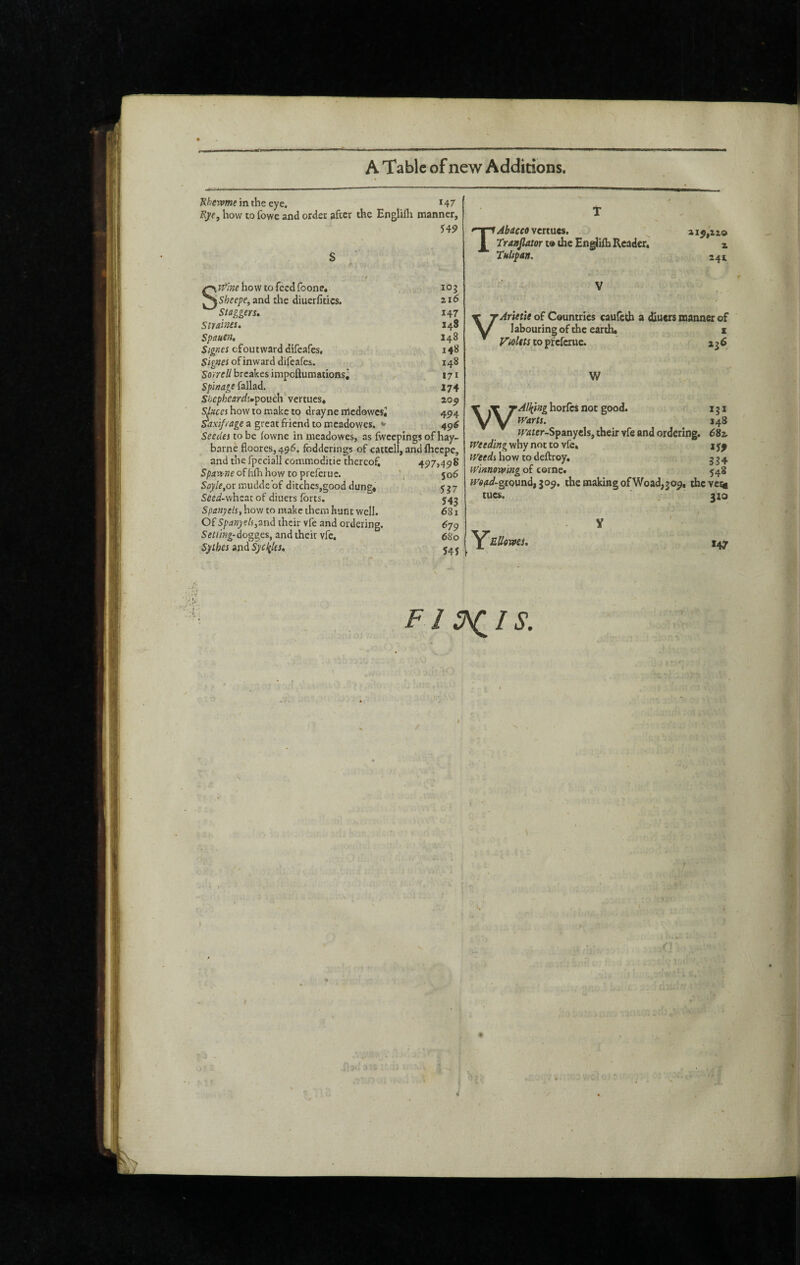 Sfccrvwe in the eye. *47 Kye, how to fowe and order after the Englifh manner, S49 S'ifim how to feed foone* Sheepe, and the diuerfitics. Staggers, Straines. Spauen, Signes cfoutward difeafes. Signes of inward difeafes. Sorreli breakes impoftumations^ Spinage fallad. Shepheardsm^oiich vertucs. Shces how to make to drayne medowesj ^axif/age a great friend to mcadowes. Seedes to be fowne in meadowes, as fwcepings of hay- barnè £00168,496. fodderings of cattcll, and fliecpe, and the fpcciali commoditie thereof. 497,498 S/far^Heofhfhhowtopreferuc. 506 SoyUfix. rauddebf ditches,good dung, 5^7 5cefif-wheat of diuers forts. 545 Spanyels, how to make them hunt well. 681 Of Spanyelsj^inà their vfe and ordering. 679 Selling-and their vfe, 680 Sythes and Syc^lts, j 103 216 147 148 148 X48 148 17* 174 205) 494 496 T Àbdcco vertues, Traajlator t® the En^iih Reader. Thlipan. 219,220 2 24t V ArietU of Countries caufeth a diuers manner of I abouring of the earth, 1 Violtts to pteferue. 236 W WAll(ing horfes not good. 131 iVarts. 148 rr^rer-Spanycls, their vfe and ordering. 682 fVeeding why not to vfe, 1 Weeds how to deftroy, 534 Winnowing of corne. 548 Wü^ûf-gtound, 309. the making of Woad,309, thevei^ tues. jio *47 F! / - ! t