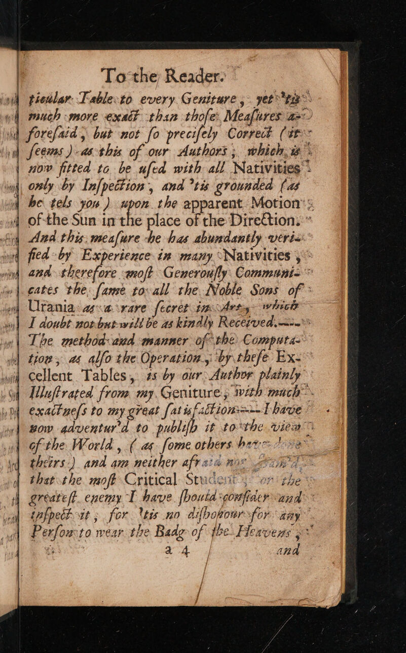 ip thedlar Tablecto every. Geniture ,. yet te wl mauch more exact than thofe, Meafures ae id forelaid, but not fo precifely Correct (tt: bh ! feems )-asthis. of our Authors ; which. 2°. now fitted to be ufed with all Nativities * inj, ory by Infpection, and tis grounded (as — i) Be tels yon ) upon the apparent Motion’: i) ofthe Sun in the place of the Direttion: * iy And this: meaflure he has abundantly veria ind fled-by Experience. in many Nativities , © vin 270 therefore wot Generoufly. Communi= © w | eates the: fanse tovall the Noble Sons of : jo Urania asacrare fecret im Arty whict «| I doubt noebutwitt be askindly Recerved.--* | Lhe method and manner of the Computas i) thous a4 alfo the Operation, by thefe Bx. wid Cellent. Tables, 2s by our Author plainly” pl exactne[s to my great fatisfattioni—1 have: jy] Bow gdventurd to publifh it to*the view wl of the World, ( as fome others have fe id thetrs-) and am neither afrata mar Lie a. &amp; pf bhetsthe moft Critical Staceit, er the © A] greate/t. enemy I have [boutacoufider and: (ics tpfpect at ‘ for ts 20 aifbopour for aay fi wl Perfowto wear the Badg of jhe. Fleavens ov pe eee te And | / j / } a ll.