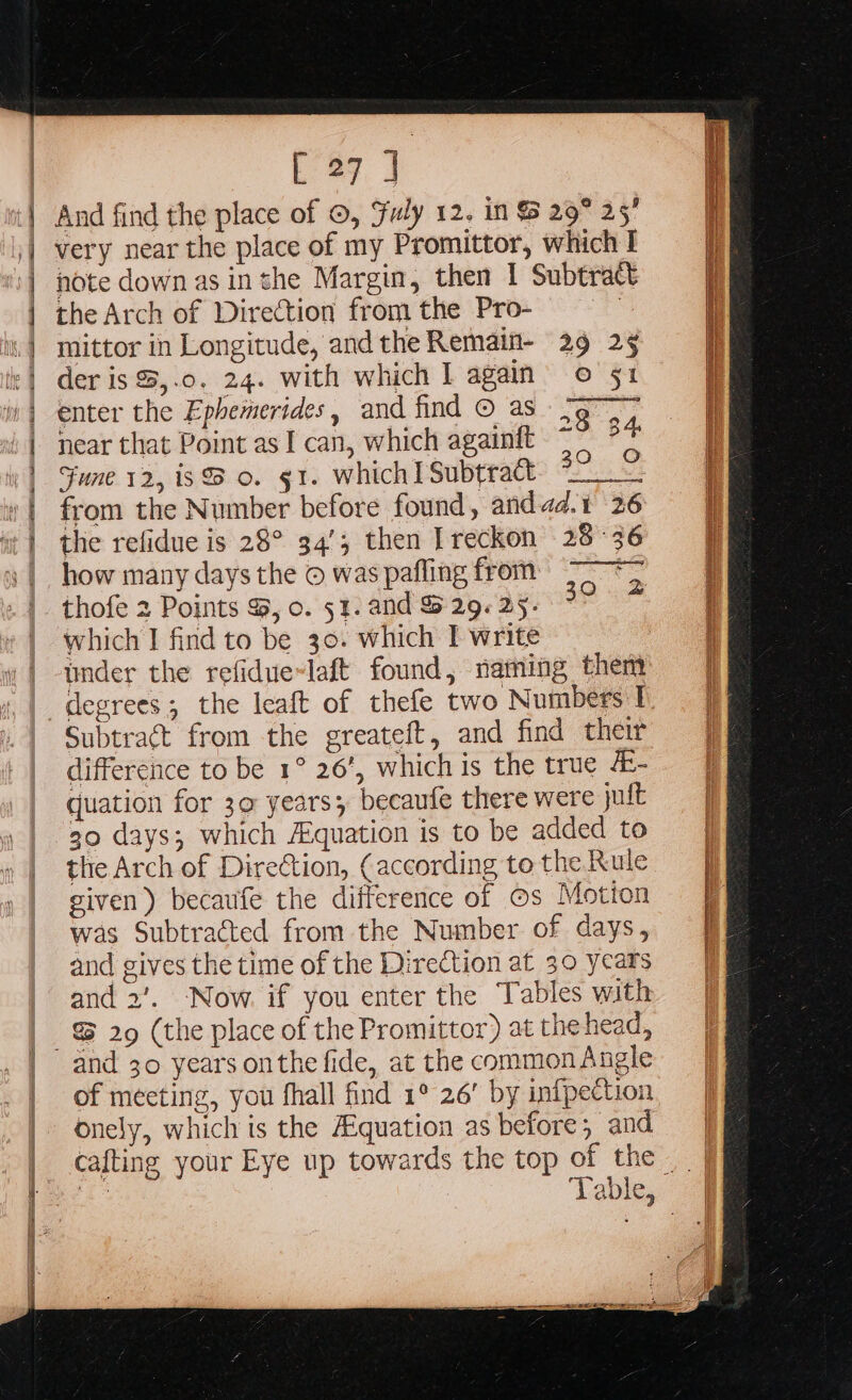 sl ll cri MR Si Pri capone sete ge ae a US ee [ 27 J And find the place of ©, Fuly 12, in $% 29° 25’ very near the place of my Promittor, which I note down as inthe Margin, then 1 Subtract the Arch of Direction fromthe Pro- = mittor in Longitude, and the Remain- der is S,.0. 24. with which I again enter the Ephemerides, and find © as near that Point as I can, which againit Fune 12, is% o. ¢1. which] Subtract “= from the Number before found, andad.1 26 the refidue is 28° 34/3 then Ireckon 28°36 how many days the © was pafling from : thofe 2 Points &amp;, o. 51. and &amp; 29. 25. which I find to be 30. which I write under the refidue-laft found, naming them degrees; the leaft of thefe two Numbers I Subtract from the greateft, and find their difference to be 1° 26’, which is the true - quation for 30 years; becaufe there were jut 30 days; which Aquation is to be added to the Arch of Direction, (according to the Rule given) becaufe the difference of @s Motion was Subtracted from the Number of days, and gives the time of the Direction at 30 years and 2’. Now. if you enter the Tables with 29 25 O 51 28 34 20 O 1G 2 and 30 years onthe fide, at the common Angle of meeting, you fhall find 1° 26’ by in{pection onely, which is the Aquation as before; and cafting your Eye up towards the top of the SES EEE a ss . r