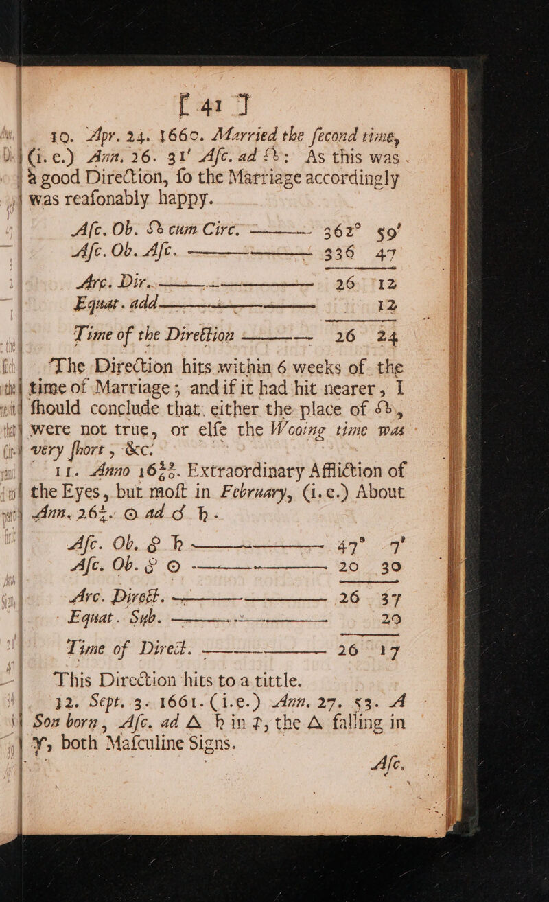 [41 J 19. Apr. 24. 1660. Married the fecond tii Ji Ge.) Anno 26. 3V Ale. ad &amp;&amp;: As this was 4 good Direction, fo the Marri iape accordingly ,} was reafonably happy. Alc, Ob. 8% cum Cire. 362° g§9° Afc. Ob. Afe. a 336 47 Are. Dir. pepeneecerespetees «&gt; BOT TED Equat . add os) area 12 Time of the Divebligh — 26 24 ‘The. Direction hits within 6 weeks of. the ie] time of Marriage; andif it had hit nearer , if i| fhould conclude that. either the place of %, i] Were not true, or elfe the Wooing time wae Cirel ar? ses &gt; &amp;C. . Anno 1655. Extraordinary Affliction of the tae. but mol in February, (i.e.) About natt ne 26+. @ Aad dh. Afc. Ob. &amp; hs + 47 OT Aft. Ob. § © 20. 30 Arc. Dirett. — ————— 26 37 Foghat: SUB np 29 oo tie oF ered ee eee This Direction hits to.a tittle. | Sox born, Afc. ad &amp; Rin ?f, the A falling in i y both ‘Mafculine Signs. ° ee a ee es ee SSS SSS SSS pe ae