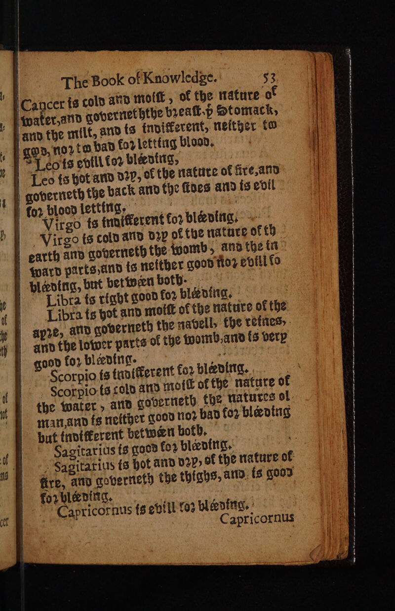 Cancer ts coln atid molt , of the mature of - Pinater,ano governetbtye preatt.p Stomack, ~ Pann the mile, and ts tnviffererit, meither 0 | GOD, Nor ton had £02 Letttg blood, &gt; Leo ts enfli tor pleotig, Fie: | Leo {5 hot and D2?, of the matuite of fire,and | goberneth the pack and the foes and ts evil for bloopietting. = _ t Hes | Virgo ts trnifterent fo? blevtitg, |. Virgo ts colp ann bap of the nataee off | earth amp gonerneth the ipomb, ano the ta | ward parts, and ig nefther good 107 edtil fo | Hlavine, but bettocn both: - | Libra ts rfgbt goo8 for ble aii, : Libra fs pot ann mofft of the nature of the | apze, and governeth the nabvell, be vetites, ann the lotocr parts of the tporb, and fs verp goon for bleeding. _ ATE Scorpio fs tantterent for blevita. oe » Scorpio:ts colo amt miofee of fhe nature of the water, and govertteth. the riatutes ol. martann fs nefther goo8 rio? ban fez blading but tnptfeerent betwen both, Sagitarius ts good for bleening. ro - Sagitarius {8 Hot And 027» of the nature of fire, and goberneth the thiabs, ama. fs good forblening, Capricornus ts ebttl t03 blaniig, : 7 | Capricornus