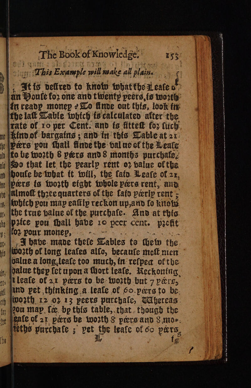 The Book of Kaowledg ge. his Excample will roake all plaitta hor) | - at {S Defived fo knotv iobat fhe a eafe f an Ponte for one and twentp peers, ts worthy’ lin ceadp monep 2%Lo finne ont thts, look tte tbe latt Zable, tobtch ts calculated after’ the. tate of ro per Cent. and fs fittete for tuch FRino of bargains ; and in this Mable at ar: peers pou hall finde the: bal uc of the eale fo be worth 8 pers and8 months purchafe, So that let the pearlp rent 02 value of the boufe be tobat. tt twill, the lato. Leafe of 2x, \pers ts forth efgbt tobole pers rent, ana jalmofl (hrcee quarters of the fato peerip rent ; fobich pou map eaftlp reckon up,and fo kitots ithe true palue.of the purchafe. Anes at thts. price pou thall babe 10 peer Cent. profit [fez pour ntonep, -. -~ - ) 3 babe. mane thete Cables to thet the. Orth of long leafes alfo, becaufe moft men. lbalne.a long,leate too much, tn refped of the. ‘foalue thep (et apona Mort leafe, Reckoning. , fileafe of 21 pers to be- worth but 7 pers, ind pet thinking a leale of 6o. peers to be. |worth 12 02 13 peers purchafe, Wabereas. : ou map fe. bp this table,. that. though the gate of 21 pers be worth S persand 8 ntor. | ; fe