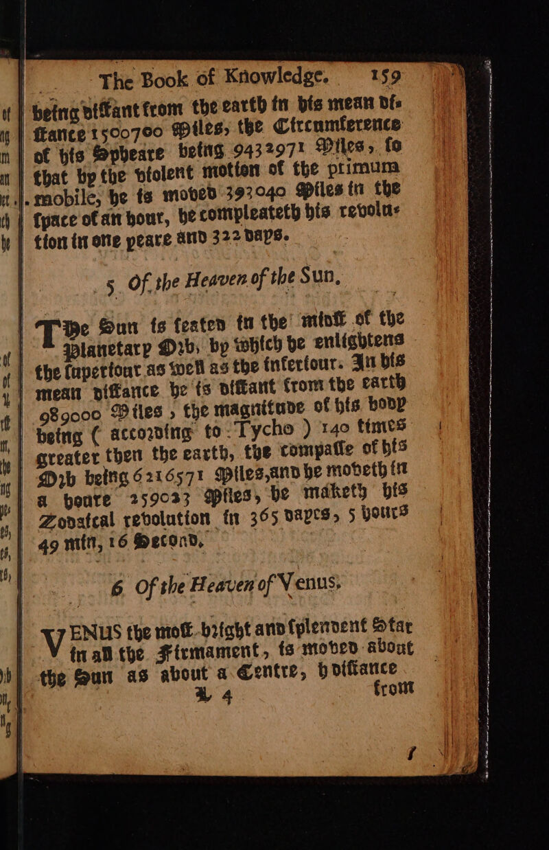 betna biftant front the earth in bis mean dfs fFatice 1500760 Miles, the Circumference | of bts Spbeare being 9432971 Miles, fo 1) that by the bfolent motion of the primum J. mobile, he ts moved 392040 Miles ti the | fpace ofan hour, be compleateth bis revolus | tion in one peare and 3? DAYS. 5. Of, she Heaven of the Sun, itp lineal ah ect T Sun ts featen ti the’ méoff of the | planetary Orb, bp which he enlightens | the fapertout as well as toe fnfecfour. An bis | mean piffance be ts offtant from the earth | 89000 Piles » the magnitune of his bobp | being ( according to ‘Tycho ) x40 times | greater then the earth, the compatle of hfs | Dob beltig 6216571 Ptles,ann be mobeth tt | a beare 259033 ples, be maketh bis | Zopatcal revolution fi 365 DApES, 5 Hours 49 min, 16 Second, 6. Of the Heaven of Venus; : ee ee ete ne 4 5 Sh et arr ; sete panto SS inn pe Fong a a Oe frout a 4