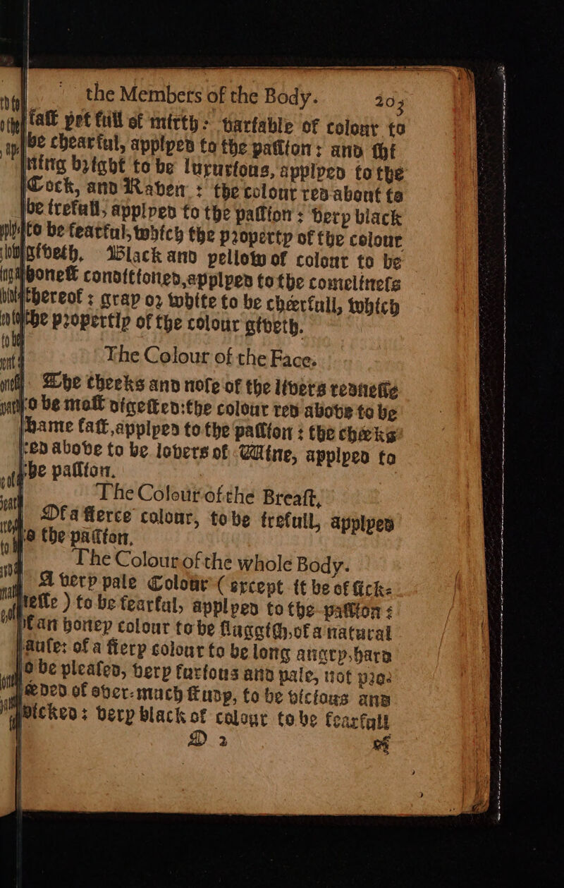 the Members of the Body. tat pet full of mitth: tarfable of Colony {9 applped tothe pattton: and thf tobe lururtous, applpen to the (Cock, and Raver : the colont rea about ta be trefull, appiped to the pation : Derp black to be fearful, which the Property of fhe colour intbeth, Black anp pelloty of colour to be bone® condtttoned,epplpen tothe comelinets | ; bite to be cheerfull, tubicy 20pertlp of fhe colour gtbeth. The Colour of the Face: | Hoe cheeks and nole of the livers rediiefi¢ pit o be molt vigetten:the colour ten abote to be hame fatt applpen to the patton : the cheeks ept it be of fick= appl pen to the-patlion : be fluggtth,ofa natural P colour to be long angry, bare | betp furious and pale, not pie pee ded. of aber: much ffudp, fo be victous ang quicken: berp black of coloyr tobe foartall \ D 2