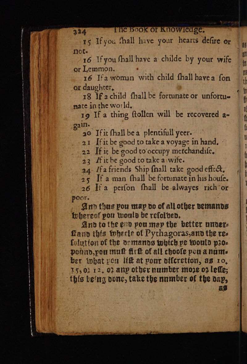 seg Pop Sete, Se 324 € BOOK OF KNOW sage. a Ifyou thall have your hearts def re or te Ifyou fhall have a childe by your wife or Lemmon. 16 Ifa woman mich child fhall havea fon or daughter, 18 Tf achild thal] be fortunate or unfortue nate in the world. 19 If a thing ftollen will be recovered a- gail. 30 Ifit fhallbea plentiful yeer. 21 Ifit be good to take a voyage in hand. - 22 If ic be ‘good to occupy mefchandife. 23 ifithe eood to take a\wite. 24° Ifa Bieads Ship fhall take good effect 25 If aman fhall be fortunate in his houfe. 26 Ifa perfon fhall be-alwayes rich or poor. And thas pou map do of all other nemanns inhereof pou wonld be refolded, Sind to the eve pou map the better utner- far this herle of Pychagoras,ann the res folutton of the armanns tobtch pe would p2o- poni,pou mult fir of all choofe pou a harms ber tobat peu ltt at ponr offcretton, as 10, 15,0) 12, 02 anp other number more o2 Lette: : this be‘ng done, take the number of the dap, . as