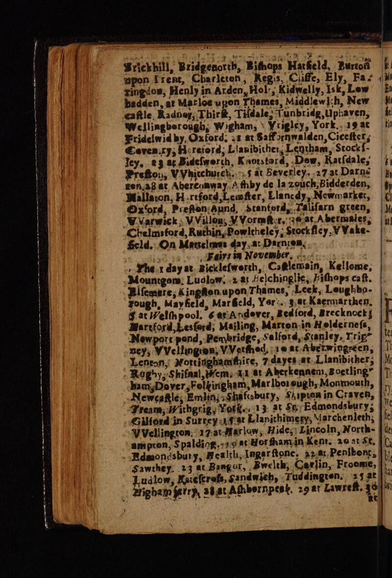 * Brickhill, Bridgenorth, Bithops ‘Harkeld, Burton upon Trent, Charleten, Regis, Ciiffe, Ely, Fas ee tingdow, Henly in Arden, Hol, Kidwelly, Isk, Lew fh | badden, at Matloe upon Thames, Middlewich, New = a caftle, Radney; Thirk, Tifdale; Tunbridg,Uphaven, — kt Hal Wellingberough, Wigham, » Yriglcy, York...19ac fil Bey em Fridelwid by, Oxford, .1 av Saffornwalden,Ciceiters Hit Ceven:ry; Hereford; Lianibither, Lentham, Scock{- | ey Jey. 23 a¢ Bidefwerch, Kaorstord, Dow, Racfdale, 5; [ Prefton, VVhicchurck..-.5 at Beverley..27atDarne | jy ea gen,28 at Abereomway.A thby de la zouch,Bidderden, |g Wallacon, H .rcford,Lemfter, Llancdy, Newmarker, | | ; Ox ord, Prefton;Aund, . dcanford, Talifarn green, | }i ee WVarwick,. VVillon, V Vorm@cr, :276,2¢.Abermales, | Chelmsford, Ruthin Powlcheley; Stockficy, VVake- | Scld. On Martelenas day,at Darncen, | ? ; ii «airs tm November, fe. 5 cs » $he.1 day av. Bicklefwerth, Ca@lemain, Kelleme, | Mountgom; Lualow, .2.at Selchinglic, bithops caft. | Bifemere, KingRen.upon Thames, Leck, Leughbo- rough, Mayfield, Mar6eld, Yor:.. 3,0¢.Kaermarthen, GrrWelthpool, 6 er\Andever, Bedford, Brecknocks — Marvford,Lesford; Mailing, Marron.in Heldernefs, | Newporc pond, Pembridge, Salford, Scanley, Trig* | uey,; VWVcllingron, VVetthed, 1@ ac Aberwingrécn, Lenron, Morciighamfhire, 7 dayes.at. Lianibither; | Roghy,-Shifaal,Wem, 41 et Akerkennens, Boetling” hamyDoyer ,Folkinigham, Marlbo: ough, Monmouth, : Newcakle; Emlinji Shaftesbury, Shspten in Craven, | Tream, Withgrig, YorKe« 13: at Se Edmondsbury; Gilford in Surrey 44/9 Llanithimegy, Marchenleth, | VVellingron; 17:at Marlow, Hides; Lincoln, North- | ampton, Spaldiog.-2.9 a Hor fthamin Kent. 20 at $e, . Edmondsbury, Health, Ingerftone. a2.%,Penibonr, |) | Sawthey. 23 at Bangor, ,Bwelth, Carlin, Froome, | % . Ludlow, Kate{trefs, sandwich, Tuddingren. 3 ae | Brigham ferrp, ab.ac Ahbornpesk. 29 er LawreR, 39) oi Te ’ thin ge j eS ay seep San \