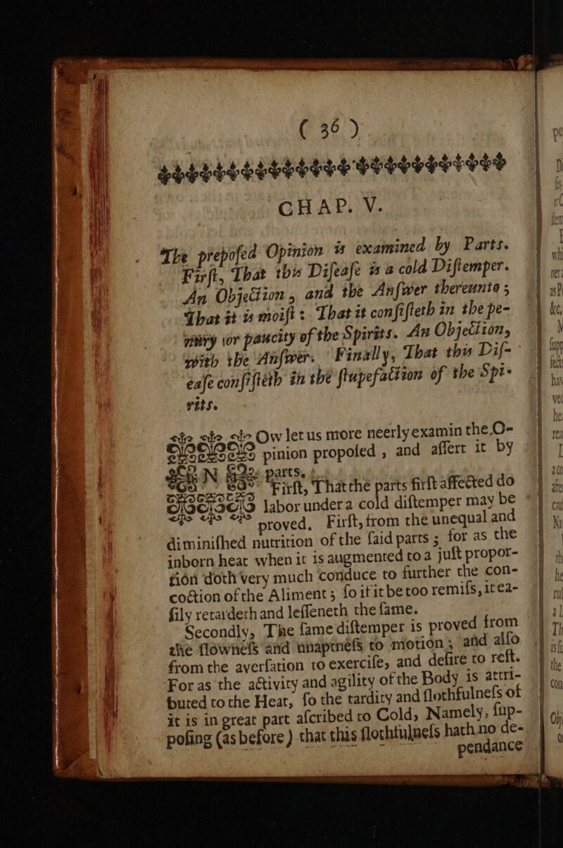 CHAP. V. The prepofea Opinion examined by Parts. Firft, That tb Difeafe ws a cold Diftemper. An Objection , and the Anfwer thereunto 5 Thar 3 12 moift: That it confifteh in the pe- mry ior paucity of the Spirits. An Objection, with the Anfwer. Finally, That thu Dif- éafe con{ifterb én she fiupefacivon of the Spits rits. ain aie sin Ow let us more neerlyexamin the.O- HOBsas pinion propofed , and affert it by oy St N nae parts. ¢, Soest eS Firfty ‘That the parts firlt affected do CSCIC9 labor under a cold diftemper may be PLAW lca te proved. Firft, from the unequal an diminifhed nutrition of the faid parts ; for as the inborn heat when it is augmented toa juft propor- tion doth very much conduce to further the con- cogtion ofthe Aliment ; fo ifitbetoo remifs, irea- fily retavderh and leffeneth the fame. Secondly, The {fame diftemper 1s proved from the flownefs and wnaptnefS to motion ; atid alfo from the averfation to exercife, and defire to reft. For as the activity and agility of the Body is attri- buted to the Heat, fo the tardicy and flothfulnefs of it is in great part afcribed co Cold; Namely, fup- pofing (as before) that this flothtulnefs hath no de- Rete tetas RAR pendance ———E o