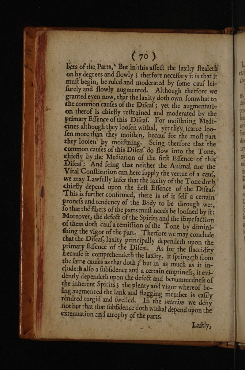 on by degrees and flowly ; therfore neceffary it is that it muift begin, be ruledand moderated by fome cauf lei- furely and flowly augmented. Although therfore we granted even now, that the laxity doth own fomwhat to che common caufes of the Difeals yet the augmentati- on therof is chiefly reftrained and moderated by the sap! Effence ofthis Difeaf- For moiftning Medi- cines although they loofen withal, yet they. {carce loo~ fen more than they moiften, becauf for the moft part they loolen’ by moiftning. Seing therfore that the common caufes of this Difeaf do flow into the Tone, chiefly by the Mediation of the firft Effence of this Difeaf: “And feing that neither the Animal nor the Vital Confticution can here fupply the vertue of a cauf, we may Lawfully infer that the laxity of the Tone doth chiefly depend upon the firft Effence of the Difeat This is further confirmed, there is of it felf a certain prolets and tendency of the Body to be through wer, o that the fibers of the parts muft needs be loofned by it: Moreover, the defeé of the Spirits and the ftupefaction of them doth caufaremiffion of the Tone by diminj~ fhing the vigor of the part. Therfore we may conclude that the Difeaf, laxity principally dependeth upon the primary Effence of the Difeai. As for the flaccidity becaufe it comprchendeth the laxity, it {pringeth from the fame caufes as that doth ;” but in as much as it in- cludeth alfo a fubfidencé and a certain emptinefs, it evi- déntly dependeth upon the-defe@ and benummednefs of the inherent Spirits ;' the plenty and vigor whereof be- ing augmented the lank and flagging member is eafily rendred turgid and fwelled. ‘In the interim we dény Not byr that that fubfidence doth withat dépend upon the €xtenuation and atrophy’ of the patts. . Laltly, = Sa a Nr ee