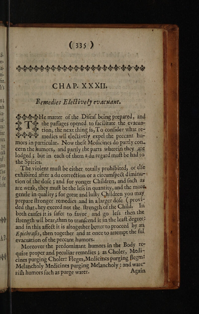 CHAP. XXXII. Remedies Elettively evacuant. So docdodtoHe matter of the Difeaf being prepared, and oe “[8¢ the paflages opened to facilitate the evacua- a = tion, the next thing is, To confider what re- PLY medies wil elecively expel the peccant hu- mors in particular. Now thefe Medicines do partly con. cern the humors, and partly che parts wherein they. ate lodged; but in each of them a du regard muft be had to the Spirits. . The violent mutt be either totally prohibited, or elfe exhibited after a du correétion or a circumfpect diminu~ tion of the-dofe 5 and for yonger Children, and fuch as are. weak, they muft be the lefs in quantity, and the mores gentle in quality 5 for grear and lufty Children you may prepare ftronger remedies .and in alarger dofe ( provi- ded that hey exceed not the. ftrength of the Child. In both caufes it is fafer to. favor, and go els then the {trenoth wil bear,than to tranfcend it in the leaft degree: and in this affect it is altogether better to proceed by an Epichrafis, then together and at once to attempt the ful evacuation of the peccant.humors. Moreover the predominant humors.in the Body te- quire proper and peculiar remedies 3 as Choler, Medi- cines purging Choler: Flegm,Medicines purging flegm: Melancholy Medicines purging Melancholy and wate™ tifh humors fuch as purge water: Again