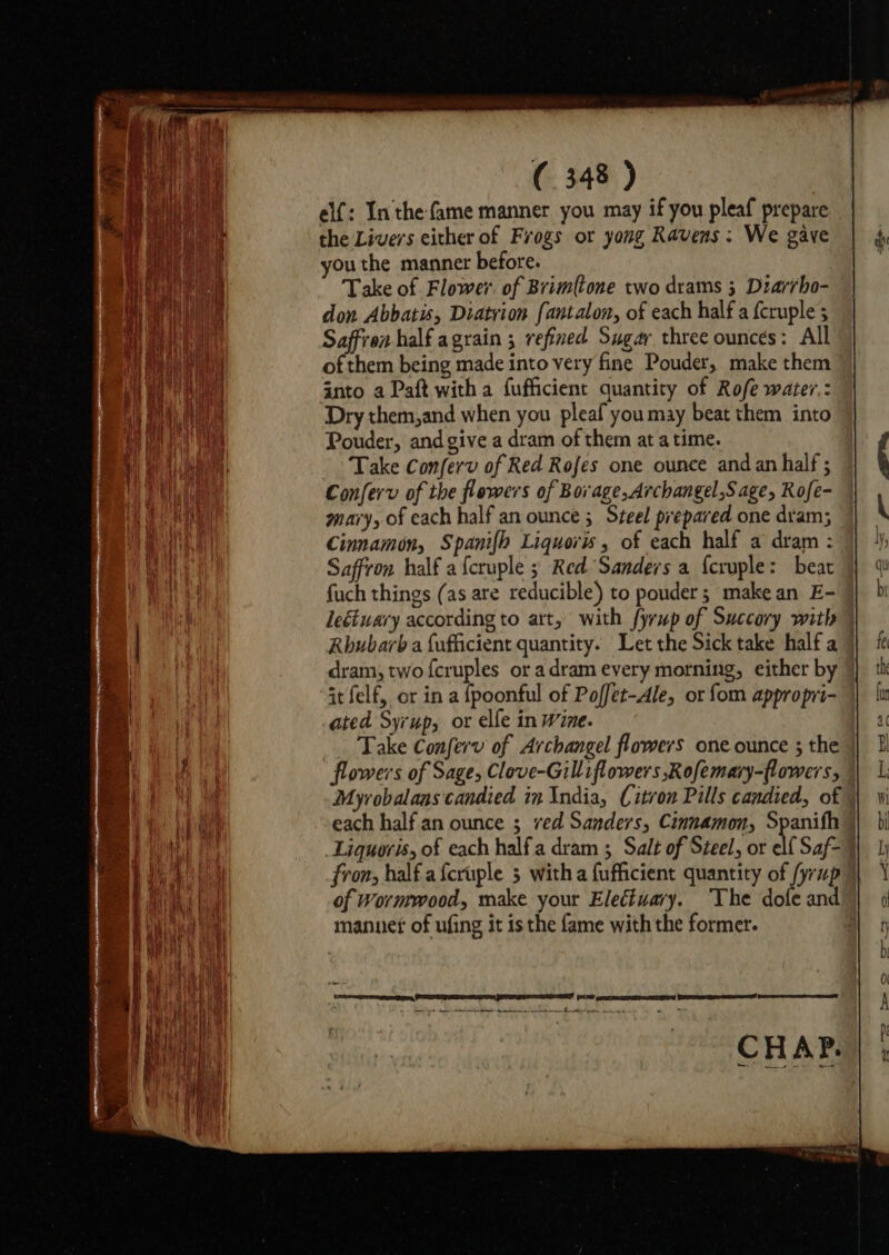 elf: In the-fame manner you may if you pleaf prepare the Livers either of Frogs or yong Ravens: We gave outhe manner before. Take of Flower. of Brim{tone two drams 3 Diarrho- don Abbatis, Diatrion fantalon, of each half a fcruple ; Saffron half agrain 5 refined Sugar three ounces: All of them being made into very fine Pouder, make them into a Paft with a fufficient quantity of Rofe water,: Dry them,and when you pleaf you may beat them into Pouder, and give a dram of them at atime. Take Conferv of Red Rofes one ounce and an half ; Conferv of the flowers of Borage, Archangel,S age, Rofe- mary, of each half an ounce ; Steel prepared one dram; Cinnamon, Spanifh Liquovis, of each half a dram : Saffron half a{cruple ; Red Sanders a {cruple: beat fuch things (as are reducible) to pouder ; make an E- leétuary according to art, with fyrup of Succory with dram, two feruples or adram every morning, either by it felf, or in a {poonful of Poffet-Ale, or fom appropri- ated Syrup, or elfe in wine. Take Conferv of Archangel flowers one ounce ; the flowers of Sage, Clove-Gilliflowers Rofemary-(lowers, each half an ounce ; ved Sanders, Cinnamon, Spanifh Liquoris, of each half'a dram ; Salt of Steel, or elf Saf- fron, half.afcruple 3 witha {ufficient quantity of /yrup mannet of ufing it is the fame with the former. de