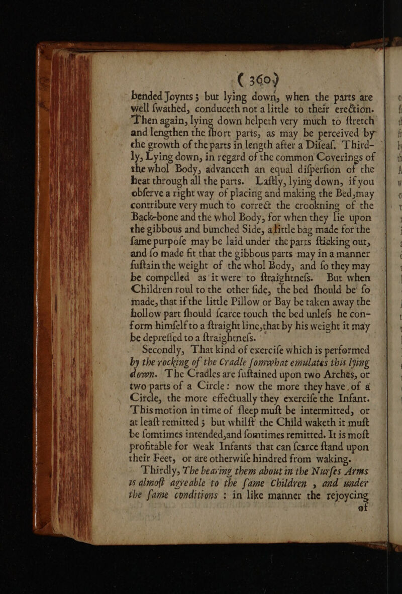 bended Joynts 3 but lying down, when the parts are well {wathed, conduceth not alittle to their ereétion. ‘Then again, lying down helpeth very much to ftretch and lengthen the fhort parts, as may be perceived by che growth of the parts in length after a Difeaf, Third- — ly, Lying down, in regard of the common Coverings of the whol Body, advanceth an equal difperfion of the heat through all the parts. Laftly, lying down, if you obferve a right way of placing and making the Bed,may contribute very much to correét the crookning of the Back-bone and the whol Body; for when they lie upon the gibbous and bunched Side, alittle bag made for the fame purpofe may be laid under the parts {ticking out, and fo made fit that the gibbous parts may in a manner fuftain the weight of the whol Body, and fo they may be compelled as it were to ftraightnefs. But when Children roul to the other fide, the bed fhould be’ fo made, that if the little Pillow or Bay be taken away the hollow part fhould f{carce touch the bed unlefs he con- form himfelf to a ftraight line,that by his weight it may be deprefled toa ftraightnefs. Secondly, That kind of exercife which is performed by the rocking of the Cradle fommhat emulates this lying down. The Cradles are fuftained upon two Archts, or two parts of a Circle: now the more they have. of a Circle, the more effectually they exercife the Infant. This motion in time of fleep muft be intermitted, or at leaft remitted 5 but whilft’ the Child waketh it muft be fomtimes intended,and fomtimes remitted. It is moft profitable for weak Infants that can fcarce ftand upon their Feet, or are otherwife hindred from waking. Thirdly, The bearing them about in the Nurfes Arms uw almoft agveable to the fame Children , and wader the fame conditions : in like manner the sejoycing @