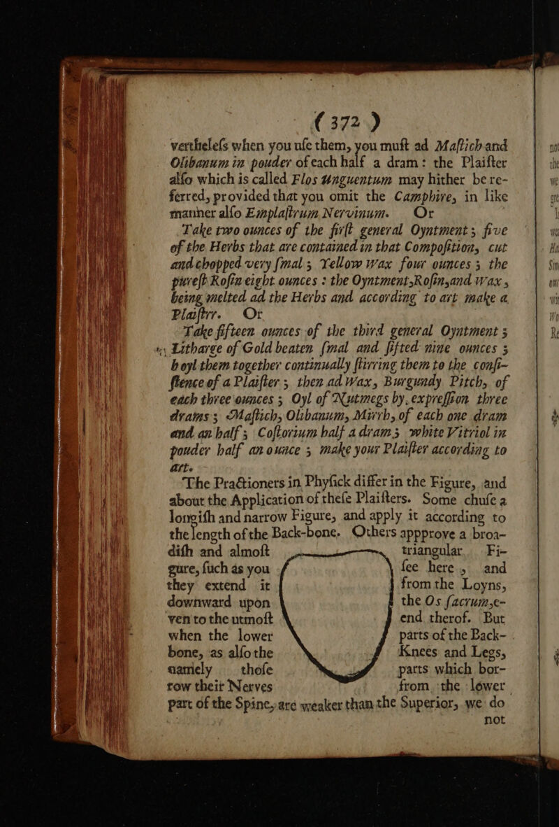 verthele(s when you ufe them, you muft ad Maftich and Olibanum in pouder ofeach half a dram: the Plaifter alfo which is called Flos “nguentum may hither be re- ferred, provided that you omit the Camphive, in like manner alfo Emplaltrum Nervinum. Or Take two ounces of the firft general Oyntment; five of the Herbs that are contained in that Compofition, cut and chopped very {mal 5 Yellow wax four ounces 3 the purelt Rofin ezgbt ounces : the OyntmentRofingand Wax being melted ad the Herbs and according to art make a. Plaftrr. Or | Take fifteen ounces of the third general Oyntment 5 ., Litharge of Gold beaten {mal and fifted nine ounces 5 boyl them together continually flirring them te the confi- flenceof a Plaifter ; then adWax, Burgundy Pitch, of each three ounces 5 Oyl of Nutmegs by. expreffion three drams; Maftich, Olcbanum, Mirrh, of each one dram and an half; Coftorium half adram 5 white Vitviol in pouder half an ounce ; make your Plaifter according to art. The Praétioners in Phyfick differ in the Figure, and about the Application of thefe Plaifters. Some chufe 2 longifh and narrow Figure, and apply it according to Pa peck ofthe Back-bone. Others appproye a broa- dith and almoft triangular. Fi- gure, fuch as you fee here, and they extend it fromthe Loyns, downward upon | the Os {acrum,e- ven to the utmoft when the lower bone, ‘as alfothe namely — thofe row theit Nerves end. therof. But parts of the Back- Knees and Legs, parts which bor- from ‘the lower not