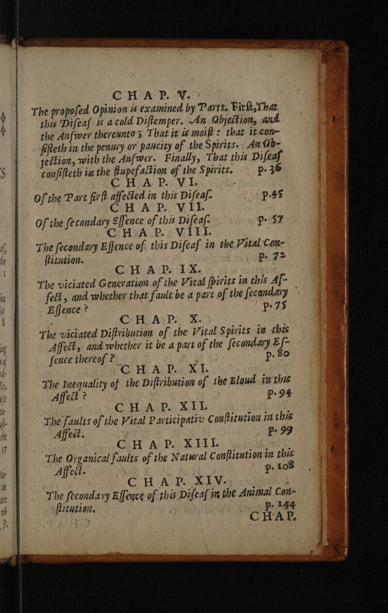 Of the Part fir lt affected in this Difeaf- p.4s CHAP. VII. Of the fecondary Sffence of this Difeay- po 57 . CHAP. VIIL. The fecondary Effence of this Difeaf in the Vital Con- (titution. p. 72 CHAP. IX. The viciated Generation of the Vital [pirits iw this Af- fett, and whether that fault be a part of the fecondary Effence ? p75 Cr AiP:, X. The viciated Diftribution of the Vital Spwits i tbe Affect, and whether it be a part of the fecondary Ef- fence thereof ?_ p- 80 CHAP. XI. } The Inequality of the Diftribution of the Bloud iwth Affect ? p- 94 GAD SLE ht The faults of the Vital Pavticipativ Couftitution in ths Affedt. p- 99 CHAP. XIII The Ovganical faults of the Natural Conftitution in this Affect. p- 108 The fecondary Effence of th flitution.