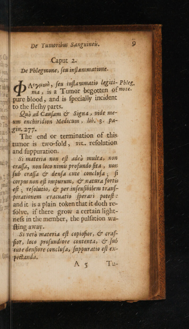 Fy Caput 2. De Phlegmone, {eu inflammatione. A wi nd ne Atytori » feu inflammatio legiti- Phleg. ma, isa Tumor begotten of moze. : pure blood, and is fpecially incident - a to the flefhy parts. Qud ad Caufam &amp; Signa, vide me- jum enchiridion Medicum, lib..3. pa- | vill. 277. “| The end or termination of this. icumor is two-fold, viz. refolution | and fuppuration. Si materia non eft adeo multa, non ) cralja, non loco ntmis profundo fita., now . | Lfub crafia &amp; denfa cute conclufa, ft ‘A corpusnon eft impurum, &lt;&amp; natura fortis eft, vefolutio, &amp; per infenfibilem tran|- pirationem evacuatio fperari poteft : andit isa plain cokenthat it doth re- folye, if there grow a certain light- | nefs inthe member, the pulfation wa- } fting away. Sivero materia eft coptofior, &amp; craf- | fior, loco profundiore contenta, &amp; {ub j ‘cute denfiore conclufa, fappuratio eff ex- VM -pectanda. | A ¢ Tu- 3 See. ste te