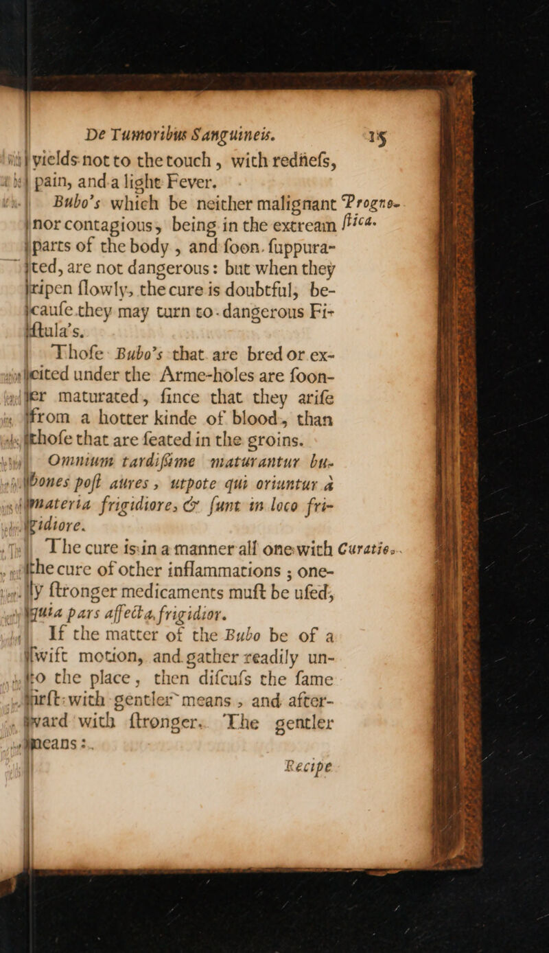 iti} ytelds-notto thetouch , with rediiefs, | pain, and.a light Fever. jparts of the body , and foon. fuppura- ~ jted, are not dangerous: but when they heipen flowly, the cure is doubtful, be- pcaufe.they may turn to- dangerous Fi- idtula’s. Thofe: Bubo’s that. are bred or.ex- on peited under the Arme-holes are foon- jer maturated, fince that they arife , Mfrom a hotter kinde of blood: than is fthofe that are feated in the groins. \ Ommum tardifame maturantur bu- i MDones poft aures, utpote qui oriuntur a wl Meaterta frigidiore, &amp; funt im loco fri- igidiore. , plthe cure of other inflammations ; one- vin HY {tronger medicaments muft be ufed; wile pars affecta, frigidior. If the matter of the Bubo be of a iiwift motion, and gather readily un- »O the place, then difcufs the fame Marft: with gentler means , and after- y, ward with ftronger.. The gentler ymaeans :.. . Recipe