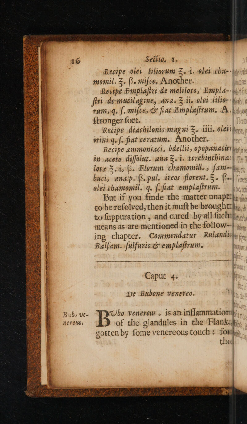 pak Sagi Ns agg hy 8 Ty aot Pj ek ier ean SS aay &gt; Rg Sade if ‘t: ba es et ae ie ngs Ds re PS Tt eter oe yeti ‘ve ovis &gt; = 8 ry! é iy 7 Sours ee ie  Bubs ve- Seitia, 1. Recipe oler liliorum 2.1. let scha~- Win momil. 3. (3. mifce. Another. Recipe Emplafirt de melsloto, Empl a~-wii\it fire de-mucilagine, ana. 3 ii. olet Lalio- - i) vumsq. [.mifce, &amp; fiat Bmplaftram. A. buen ftronger fort. | Recipe diachilonisimag nt S. iithe O41 Yn wvinig. {. fiat ceratum. Another. Recipe ammontact, bdellit, opopanacss ons, in aceto diffolut. ana s.i. terebinthinat) 7 lote Zi, 8. Florum chamomill. , fai—jy buct, anap. G.pul. areas florent. 3. (a) \ne elei chamomil. q. {fiat vemplaftrum. But if you finde the matter unapttpy co be refolved, then it muft be broughtthy. , to fuppuration , and cured by-all-fachijy,, means as.are mentioned in the follow=} j4,, ing chapter. Commendatur Rulandiipy |. &lt;= &lt; Zz Balfam. fulfuris.c emplaftrum. hs , Caput 4. De Bubone venereo. “Ti Ubo venereus , is aminflammationyy, . of the glandules in the Flanky§),. sotten by fomevenereous touch : foniy; ched