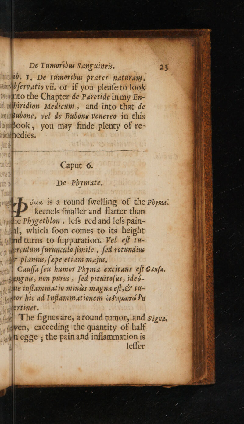 hb. 1, De tumoribus preter naturam, sbfervatio vil. or if you pleafetd look \neagnto the Chapter de Paretide inmy En- wibiridion Medicum, and into that: de auubone, vel de Bubone venereo in this 300k, you may finde plenty of re- ‘itifnedies. Caput 6. De Phy mate. vue is a round {welling of the Phyma. kernels {malier and flatter than dhe Phygethlon , lefs red and lefs pain- gal, which foon comes to its height vii turns to fuppuration. Vel eff tu- iproulum furunculo fimile , fed rotundius I planins, fepe etiam majus. 1 Caufi feu humor Phyma excitans eft G1u/a. inmaeng tis, non purus, fed pituito{us, ideo- (ive inflammatio minus magna eft,c tu- wator hic ad Inflammationem adnparadn iager tenet. 4) The fignes are, around tumor,.and signa. pen exceeding the quantity of half yan egge ; the painand inflammation is lefler