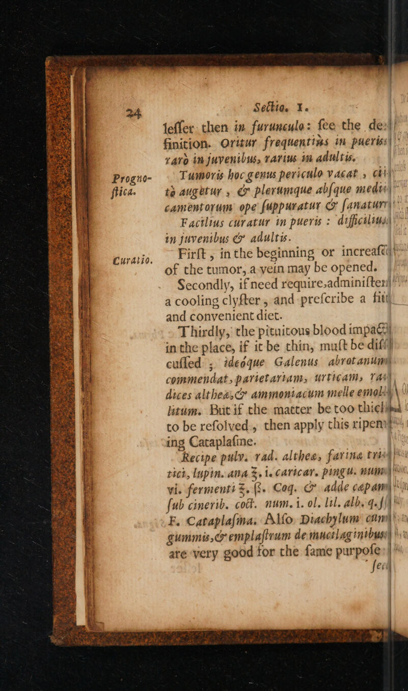 flica. Curatio. Settia. I. leffer then in furuncule: fee the de: finition. Oritur frequentins in pueriss ravo in juvenibus, varius m adultis, Tumoris hoc genus periculo vacat , oti) te augetur , &amp; plerumque abfque meat)” camentorum ope fuppuratur cy fanaturr\' Facilius curatur in pueris : difficilius\’ in fuvenibus &amp; adults. Firft , inthe beginning or increaféq) of the tumor,.a-vein may be opened. Secondly, ifneed require,adminifteri) a cooling clyfter, and -prefcribe a fitt and convenient diet. Thirdly, the pituitous blood impagy inthe place, if itbe thin, mult be diff] cufled ; idecque Galenus abrotanumy commendat, parietariam, urticam, TAs), dices althex,cy ammontacum melle emoliy\ \ litum. Butif the matter be too thichipad | to be refolved., then apply this ripenyp™' ing Cataplafine. : Recipe pulv. rad. althes, faring tran) rich, Lupin. atta 3.1. Caricar. ping. nun) '\\ vi. ferment: =, 3. Cog. &amp; adde cap am) \\)i F. Carapla{ma. Alfo. Deachylum cam’ gummis,cr emplafirum de muctlaginibusi| 's¥ ate very good for the fame purpofe: |’ “See — eee