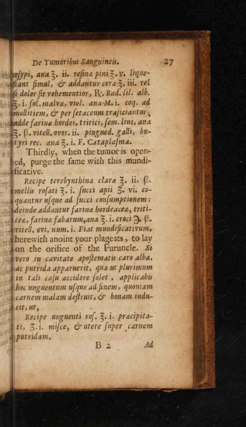 iidheelypt, auaZ. it refine piniz.V. lique- ifiant fimul, & addantur cera, itt. vel lift dolor fit vehementior, K. Rud. lil. alb. i. i. fol. malve, viol. anaM.i. coq. ad Ppnollitiem, & per fetaceum trajtcrantur wledde farine hordet, tritict, fem. lint, ana wks. GB. vitellovor. ii. pingued. gallt, bu- ityri rec. anaZ.i. F. Cataplafma. Thirdly, when the tumor is open- hed, purge the fame with this mundi- Hficative. wilt Recipe terebynthina clare 3, il. {. ‘Wnellis rofati Z.i. [acct aptt 5. vi. 6o- A quantur ufque ad [ucci con{umptionem: iwapdeinde addantur farina hordeacee, tritt- 4 spe farine abarum,ana ad cract . (S, vb vitell, ovi. num. i. Fiat mundificativums | herewith anoint your plageats, to lay hon the orifice of the Furuncle. S¢ }vero in cavitate apoftematis caro alba; bac putrida apparuerit, que ut plurimum Jin talt cafu accidere folet, applicabss Mhoc unguentum ufque ad finem, quontam i carnem malam deftruit, @ bonam mdu- A cit, ut, y v ; ‘ i aa Pigs |) Recipe unguenti vol. 5.1. pracipita- iti, 3.i. mifce, @ utere {uper carnem Ai putrvidam. L | B 2 Ad <, ine ne - ~~ a ee a eee cs — = we pe ah rey ae SRE ane = pen in of 2 PELE > NES 5. a : or ee <a 3 1 otal ad mde? eS ee — Stir a «<t3