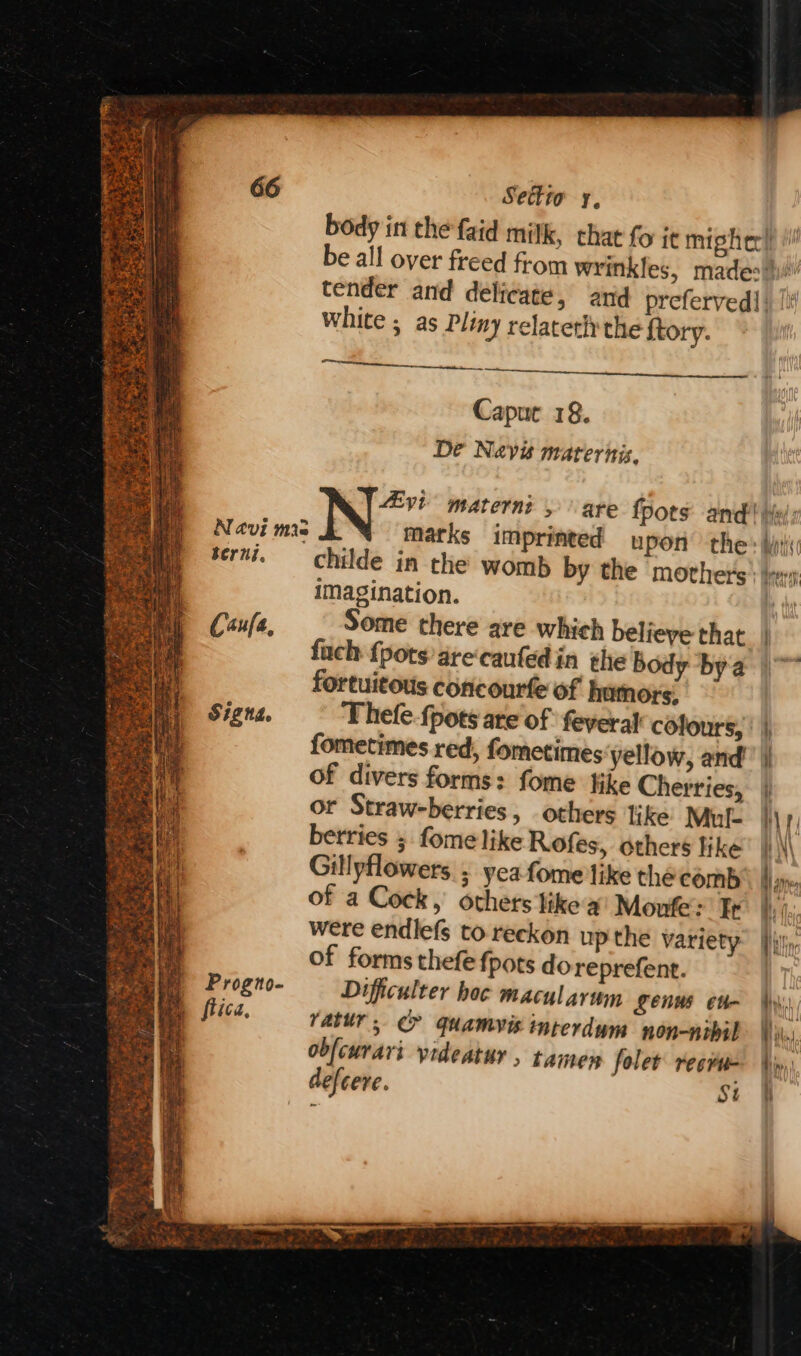 bern. Caufa, Signa. Settio y, White ; as Pliny relatetly the ftory. — Caput 18. De Nevis marernis. imagination. Some there are which believe that fuch {pots are‘caufed in the body bya fortuitous concourfe of humors: Thefe-fpots are of feveral cofours, fometimes red, fometimes yellow, and’ of divers forms: fome hike Cherries, or Straw-berries, others like Mul- berries ; fome like Rofes, others like Gillyflowers ; yea fome tike the comb of a Cock, othets like a Monfe: It were endlefs to. reckon up the variety of forms thefe fpots do reprefent. Dificulter hoc macularum Lenws Cu ratur, @&amp; quamyis interdum non-nibil obfcurari videatur , tamey folet recru- defcere. Si