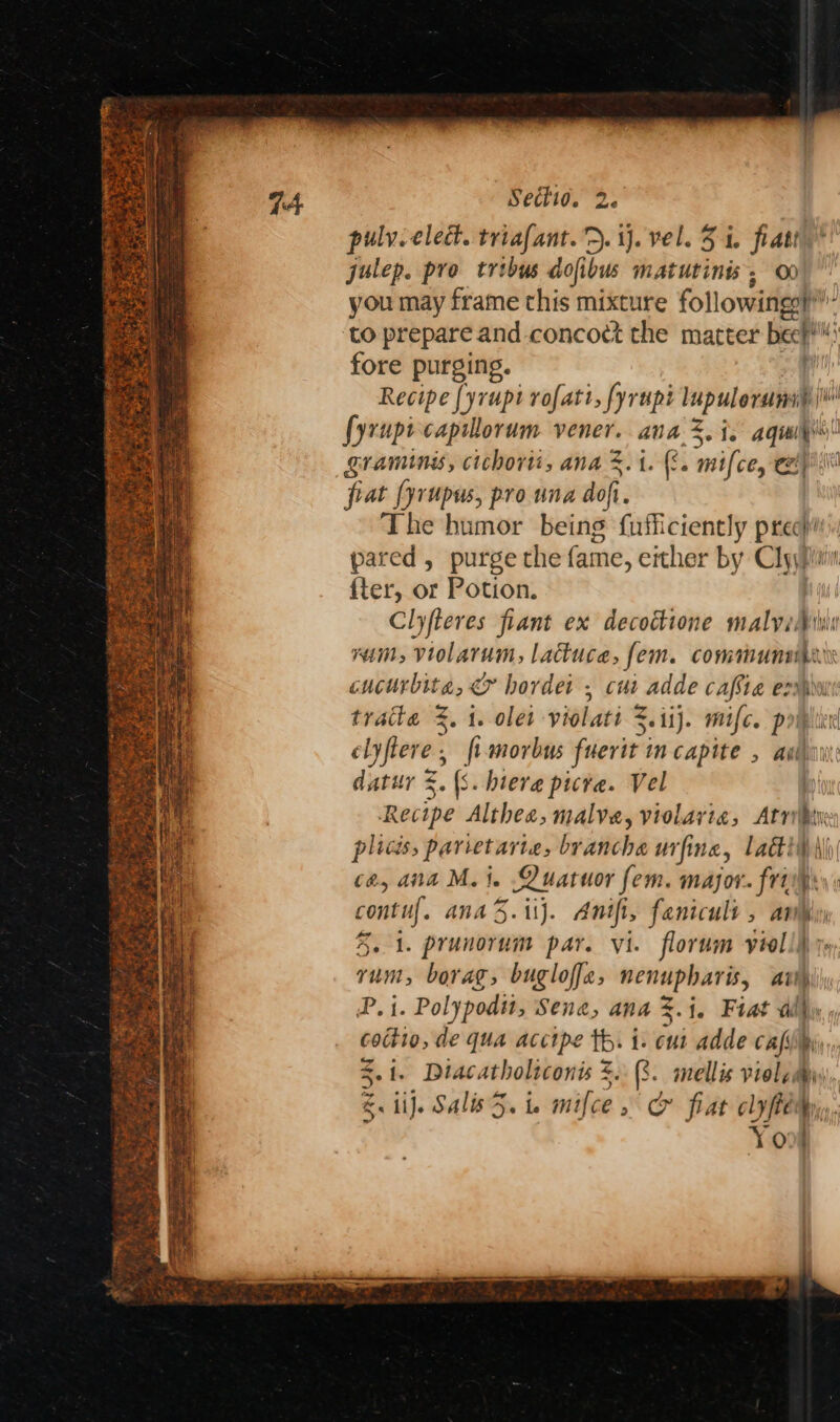 Sedti0. 2. pulv. elect. triafant. >. 1}. vel. 5 i. fiati julep. pro tribus dofibus Wilsiddtini ; you may frame this mixture followingeh” to prepare and concoct the matter bech™ oy fore purging. Recipe [yrupi rofati, fyrupi Meese 18 i fyrupt capilorum vener. ana 3. i. agqui\ graminis, cichorii, ana %.1. (. mifce, cep fiat {yrupus, pro una dofi. The humor being fufficiently preo}# pared, purge the fame, either by Clyypiw {ter, or Potion. Clyfteres fiant ex decottione malvihinu ram, Violarum, lattuce, fem. communsipirs or &amp; hordei ; cut adde cafia erm tratke 3. 1. olet violati 3.11}. mifc. ss Pt elyfiere , si fuerit in capite , ail) datur =. (S. hiere picte. Vel Recipe Althea, malva, violavia, Atri Her plice aphaneont br atiché urfine, Lackil i\) Ca, ana M, i. Quatuor fem. major. fri contuf. ana 5. ij. Amift, fanicule , any 5. 1. prunorum par. vi. florum viol!) vum, borag, bugloffe, nenupharis, ai!) P. i. Polypodii, Send, and 2.1, Fiat ai} cottio, de qua acctpe th. i. cui adde 7 i 1. Diacatholeconis 5. (3. mellis violemy), lif. Salis. ic mifce » &amp; fiat clyflemy, Yoo! 3. ~ >