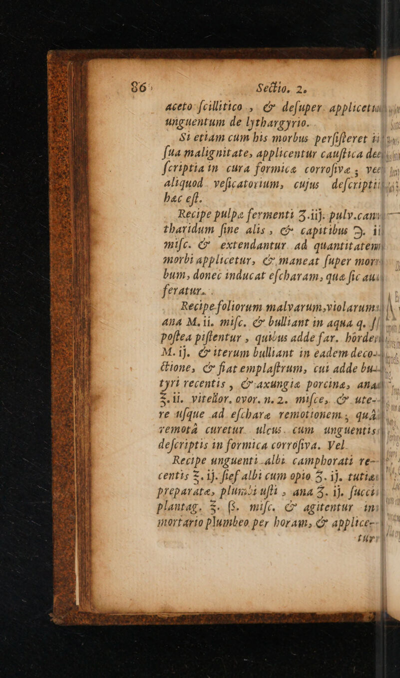 aceto f{cillitico., e defuper. applicetwa unguentum de lythargyrio. St etiam cum his morbus perfifteret ti) yy [ua malignitate, applicentur cauftica dee fcriptia tn cura formica corrofive , vee) | aliquod. veficatorium, cujus defcriptii\,\); hac eft. Recipe pulpe fermenti 3.11}: pulv.canv)— tharidum fine alis, ee capitibus D. ii mifc. &amp; extendantur. ad quantit atemi\ morbi applicetur, ¢x.maneat {uper mory bum, donec inducat efcharam, qua fic aus feratur.... | Recipefoliorum malvarum,violarums| |\. ana Mii. mifc. C bulliant in aqua q. {/).,. poftea piflentur , quibus adde far. horderi),. M. ij. ¢ tterum bulliant in eadem deco, ctione, &amp; flatemplaftrum, cut adde bus), tyrt recentis , Criaxungia porcine, anas <.i1. vitellor. ovor. ne 2. mUce,. <P ute- defcriptts in formica corrofiva. Vel. Recipe unguentt.albe camphorati re- centis 5.1}. fief albi cum opio 3. iJ. tutta preparate, plum uflt , ana 3. ij. {acces} plautag. 5. (8. mifc. CP agitentur im) mortarto plumbeo per horam, &amp; applice- thy