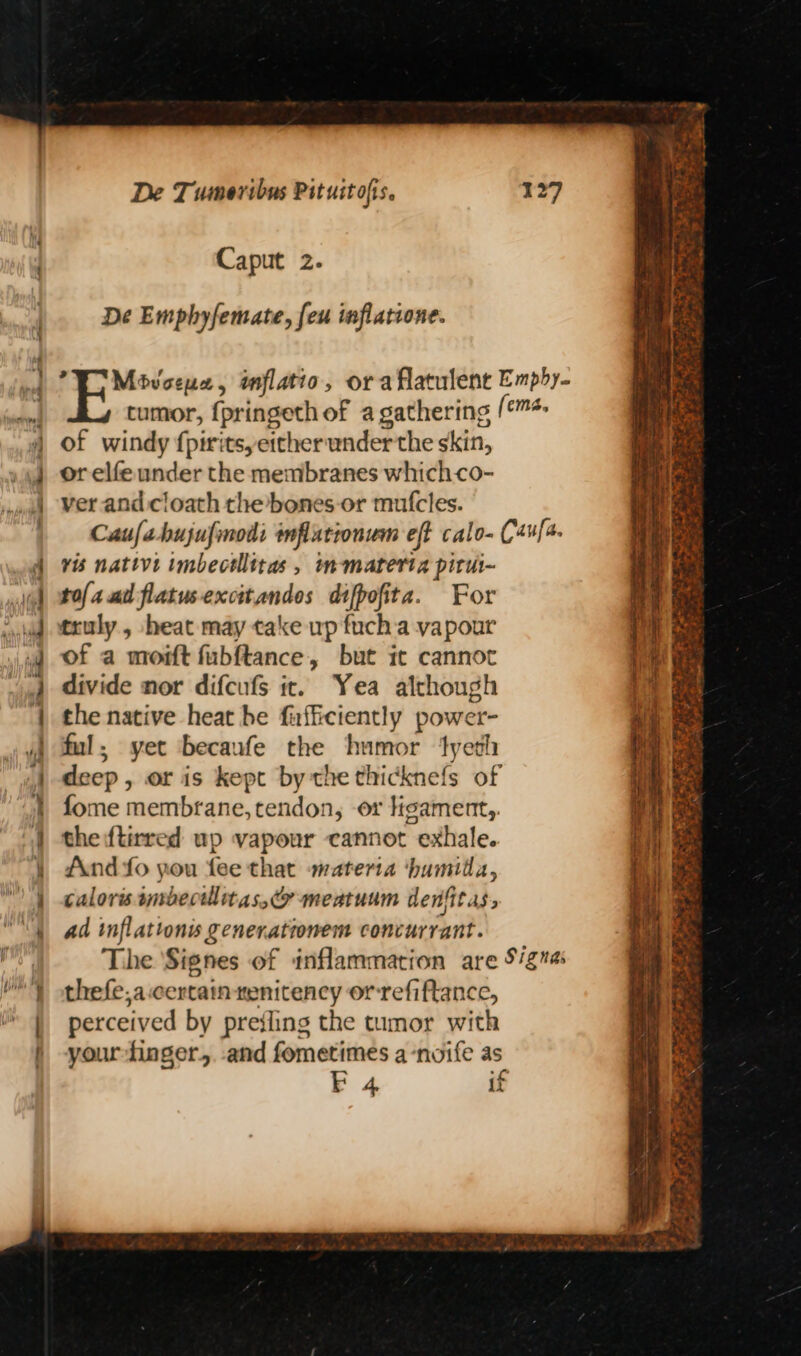_— a De Tumeribus Pituitofis. Caput 2. De Emphyfemate, feu inflatione. of windy {pirits, either under the skin, or elfe under the membranes which co- ver and cloath the bones or mufcles. vis nativi imbectllitas , mmaterta pirui- tofaad flatusexcitandes difpofita. For truly , heat may take up fucha vapour of a mo#ft fubftance, but it cannot divide nor difcufs tt. Yea although the native heat he fufficiently power- ful; yet becaufe the humor yeh deep , or is kept byt! re thicknefs of fome membrane, tendon, or tigament,, the ftirred up vapour cannot exhale. And fo pou fee that materia ‘humida, calorisombectllitas, 7 meatuum denfitas., ad inflattonis generationem concurrant. thefe.acertain onset or-refiftance, perceived by preiling the tumor with your-tinger, and fometimes a -nvife as F 4 if