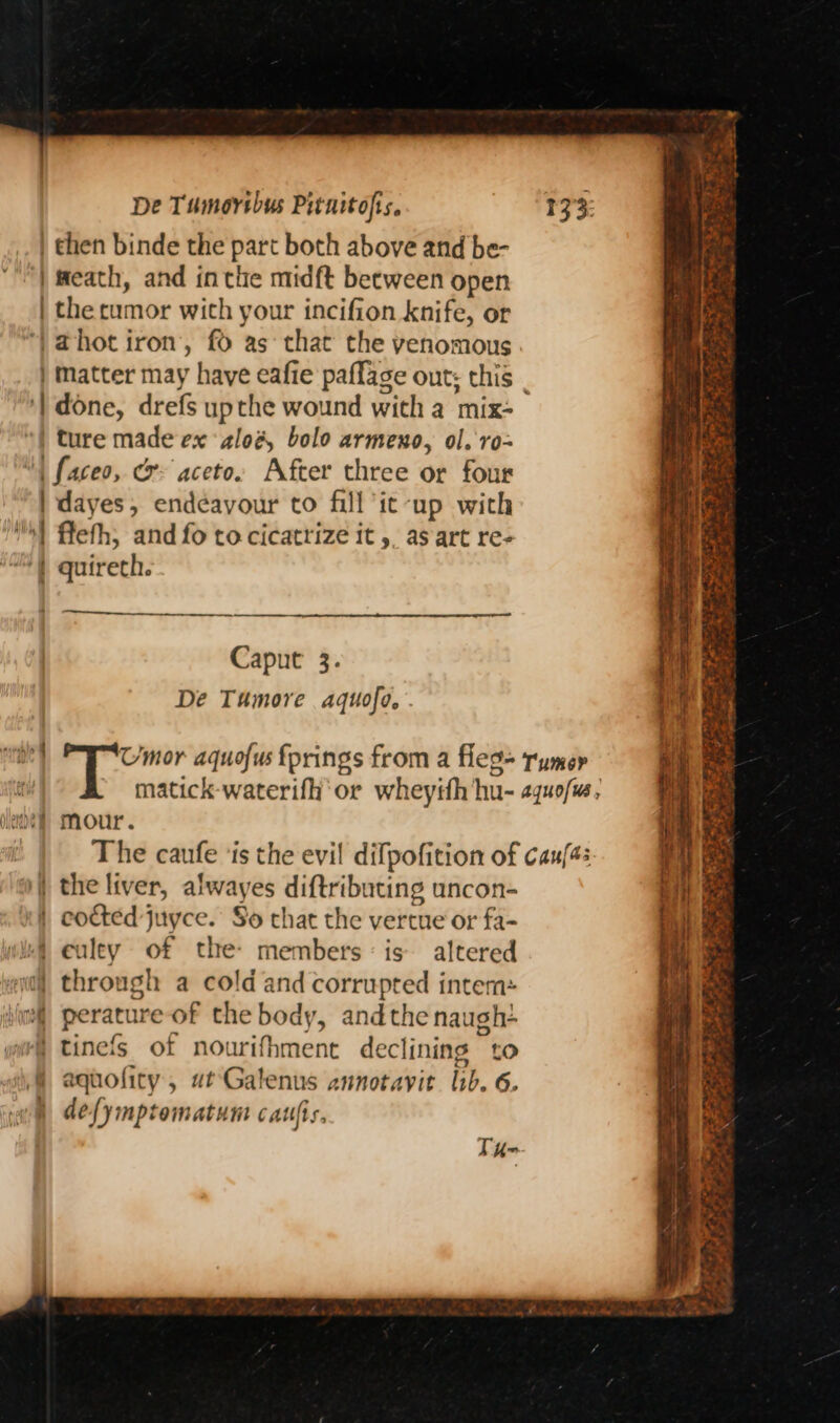 | then binde the part both above and be- | eath, and inthe midft between open | the rumor with your incifion knife, or “| ahot iron, fo as that the venomous | matter may haye eafie paffage out; this | ‘| done, drefs upthe wound with a mix- “| ture made ex zloé, bolo armeno, ol. rvo- “| faceo, Gr aceto. After three or four | dayes, endéayour to fill ‘ic-up with ') fleth, and fo to cicatrize it ,, as art re- ‘| quireth. Caput 3. De Tumore aquofo,. mnbet Went aquo{us fprings from a fleg= Tyumep ft matick-waterifh'or wheytth hu- equofu, mour. The caufe ‘is the evil difpofition of Can{4s | the liver, alwayes diftributing uncon- ki cotted juyce. So chat the vertue or fa- wet euley of the: members is altered i] through a cold and corrupted intem: wl perature of the body, andthe naugh+ } tinefs of nourifhment declining to aquofity, wt-Galenus aunotavit lib. 6. defymptomatum cattfis. ~ an Tu