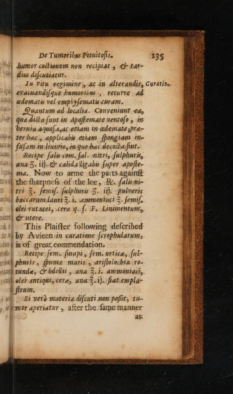 | humor cottionem non recipiat 5 & tat- “| dius difcutiatur. In Vite vegumnine, 2c in alterandis, “| evacuandif{que bumoribus., recurre ad “| edematis vel empbyfematis curam. Quantum ad localra. Conveniunt €Ay | que diitafunt in Apoftemate VENLOLO » ie | hernta aquolayac etiam in eheniate Pte 4) terhec, applicabis etiam fpengiam IM Will fulam im liccsvt0,m quo bac decoitafmt. | Recipe falisvom. fal. nitri, fulphurisy | ana3. 1h. cahdaligabis fuper apofte- <) ona.. Now to arme che parts againft wil) the:fharpnefs of the lee, X. falisni- | trt 3. femtf. fulphuris 3... if. pulverts baccarumAdunt 3.1. ammoniact =. femif, | ole rutacer, cera gq... Fs Linimentumt, ‘) @-utere. This: Plaifter following deforibed sit by Avicen in curatione [crophularum, et) is Of great. commendation. Recipe fem...finapi , fem. urtica, ,ful- ct iii pers > fpume maris. , ariftolochta ro- {sith tande, C bdellit , ana 3.1. ammontasi, ; oh elev antiqut, cere, anas.1).. patiempla- \ fixum. Si vero materia difcatt non pofit, tu- Vimor apertatur ,. after the fame manner as: = rah ae re _ = Toke an 5 SR Ce