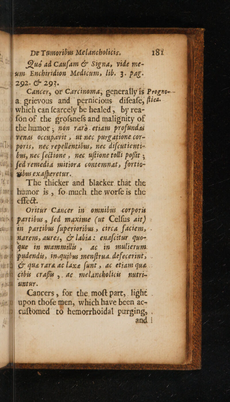 Que ad Caufam &amp; Signa, vide me- um Enchiridion Medicum, lib. 3. pag. | 292- C® 29}. ) which can {carcely be healed, by rea- } fon of the grofsnefS and malignity of ithe humor ; nan raro- etiam profundas \venas occupavit , ut. nec purgatione cor- The thicker and blacker. that the Oritur Cancer in omnibus corporis } narem, aures, Cy labia: enafcitur quo- * p Z ac in mulierume: | upon thofe men, which have been ac- and ay Tey pig Soe SNe Bi Bhan Neh s Baca Seat whe ~— ‘ is