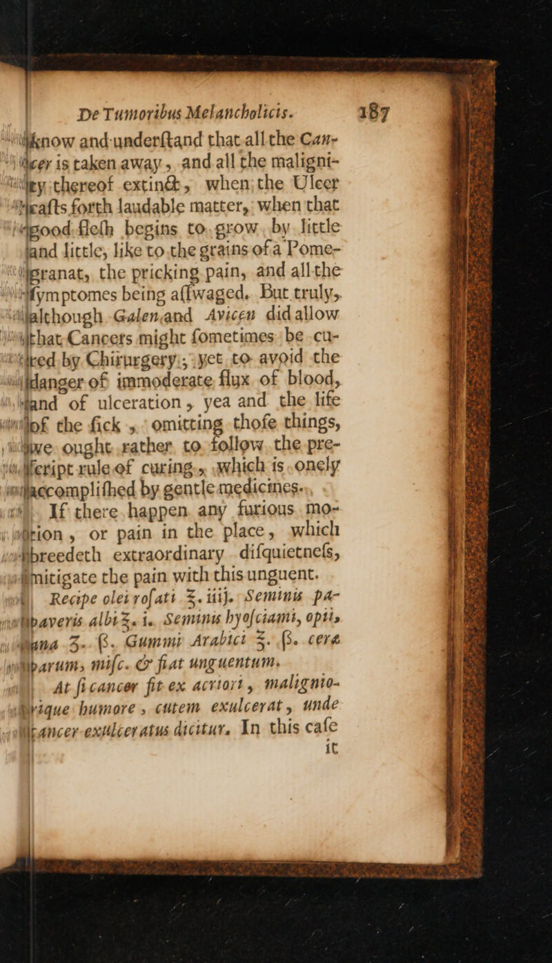 “itiiknow and-underftand that.all the Can- “\ ier is taken away, and all the maligni- Wgy thereof extin&amp;, whenjthe Ulcer Meafts forth laudable matter, when that Mpood.fleth begins to, grow, by. little land little, like to.the grains of a Pome- ipranat, the pricking pain, and allthe fymptomes being aflwaged. But truly, iilalchough Galenand Avicen did allow that, Cancers might fometimes: be .cu- tiked. by Chirurgery.; yet. to avoid che uijdanger of immoderate flyx of blood, dand of ulceration, yea and the life witip£ the fick 5° omitting thofe things, ) je» onght .xather, to Follow the pre- vi ifeript rule of curing. ywhich ts .onely wiiaccomplithed by gentle medicmes. “®) If there happen. any furious. mo- ition, or pain in the place, which Pbreedeth extraordinary difquietnels, Amitigate the pain with this unguent. [ Recipe oleirofatt 5. ili}. Seminu pa- wipaveris albtZ. i. Semins hyofciamt, Optis anna 3--C. Gummi Arabict 5. (3..ceré wabparum, mifc. CF flat unguentum, At ficancer fitex acriort, malignio- Mrique humore , cutem exulcerat, unde Stancer-extlceratus dicitur. In this cafe it