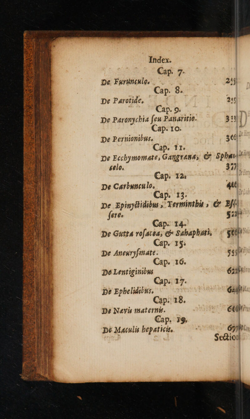 = a m7 a or eee os : ~ é a finer iret ee => Ate aa RR IPE hes ¥ - =: s (ER ie eS ae Se ee os all ee hee re z he lan = we of te? na Te epee bn » eats Sew es se hae be ° * ies “S 4 4 mr: 2a F 9 re “r _ no ta a. el Sh Pe Nn Sy * a ty Ae . ce - » A aS Ay Tate ~~ er ol ke a ; r : are Pee. iy , bs tate ¥ Se, om ae ee,” z mS et ee 4 * +3 yt Bas Ps Index. De Pernionibus. 36) Cap. 11- ne Ecchymomate, Gangrana, C Sphav\* bel0. 377). Cap. 120 = De Carbunculo. rT Cap. 13. De EpinyHidibus, Terminthis » &amp; Eff) (ere. 514 Gap. 14. id De Gutta rofacea, &amp; Sahaphath, < Fee Cap. 15. De Anexryfmate. atin Cap. 16. Dé Lentiginibus aap Caps, 17. De Epheliaibus. Gail) Cap. 18. De Nevis maternw. Ces Cap. 79. De Maculis hepaticit. . 677% Seico|