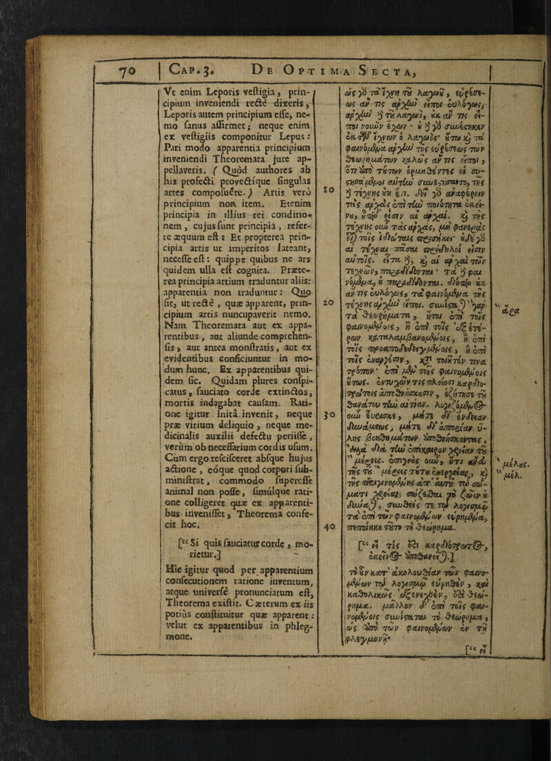 n Cap* 3# De Opt Vc enim Lcporis veftigia, prin¬ cipium inveniendi rede dixeris, Leporis autem principium efte, ne¬ mo Tanas affirmct; neque enim ex veftigiis componitur Lepus: Pari modo apparentia principium inveniendi Theoremata jure ap- pcllaveris. ( Quod authores ab hi* profe&i prove&ique fingulas artes compofucre.j Artis vero principium non item. Btenim principia in illius rei conditio- nem, cujusfunt principia, refer- re aequura eft ; Et propterea prin¬ cipia arris ut imperitos lateant, necefleeft: quippc quibus ne ars quidem ulla eft cognita. Prsete- re3 principia artium traduntur aliis: apparentia non traduntur: Qnp fit, ut rede , quae apparent, prin¬ cipium artis nuncupaveric nemo. Nam Theoremata aut ex appa- rcntibus , aut aliunde comprehen¬ ds , aut antea monftratis, aut ex evidentibus conficiuntur in mo- dum hunc. Ex apparentibus qui¬ dem fie. Quidam plures confpi- catuss Tauciato corde cxtindos, mortis indagabat caufam. Rati- one igitur inita.inyenit, neque prae virium deliquio , neque me- | dicinalis auxilii defc&u periifle , j verum obneceflarium cordis ufum. Cum ergo refeifceret abfquc hujus adione , eoque quod corpori fub- miniftrat, commodo Tupercfl'e animal non pofle , fimulque rati- one colligeret quae ex apparenti¬ bus inveniflet > Theorema confe- cic hoc. [a$i quis fauciatitr corde , mb- rictuivj I M A S E C SO 20 40 7* Kayt* , spf€05- eo$ ay 71$ tdyCuj eimt ctiXojuij apybu v 77f 7m vouliv * * 3 $ (T’tOlicHKHV oftiffl’tyctwo Actyaof’ «7W^7« pcuvoy^a, 7K iv f lrtct>$ tu>V uAtiov Y&Ka$ ay 71$ dimt > 077 T«7W Qfrjw&imt Cl CV- ajjjOjj <ruui$Y,cm»7v> tvs $Tiyyyi$M in. Jd $ ayupi^v •mV cm liuj 7T0/077f7tt &H£i~ Vts3 deny cd ctf%ou. ^ th$ TiyyK oau Td$aj%ci$y yd $ayif>gL$ © TQt$ Coitus VS&WKei' cd Ttyvou^ Tntotu Gt&dnkoi eiciy odroie. dm q, ^ cd ttov wyidvt 7m&£ifbV7aj • rd $pau VO/dfJCty K 7rU£j.J)’JhvTWl. cho'tfjo in ay 7i$ cvhoyjft Tet paivoy^JA d$ dint. <rtL T& Szcctf)ya,Ttt. y xfm cm Tci$ ^CitVOfddU!$ , « Clri 7U$ 'JZ I75- fw K^TU^cty0ayoy^Joi$, n cm rdi$ <spQO.mJ\'&iyyfyoi$ 3 ti ern 711$ hmtpyicnv y yr\ niH7&v uvet Tfomv: cm toT$ ^ctivofddois «7Wf. cj/71iyavTi$7tKdio<n \7fditt$ kmSviicntxviv, ityvm ^ ^tvctTiv rid aivdy. ouli Iv&tenSy yd71 jf '£vJUdy Stwa.iie&$j ydrz J>* cumexaM v- Auc (ZonSyitMtiw &nSvrjaxotrret$, ’cV^et did tLC cmw&V ftday tx  (A&tgu* ornyvh ood, ot/ gydL 7%$ th  (d&i$ t«t« hn^ydas, ^ 7W$ dtiyvo^Sd»$ at' cun tw azJ- fJMTt r^jdcC£, U 79 £dcV K SwjtLjy 0-uud&$ 75 tJ Aoytffy.&> Tct cm W tyettVOfj&dM iVpMjrfddy mirntim t«t9 79 didfnfia* * 4 ' fdA«f. u fdh. [c< M 71$ Kat>Ji'Q7fC4T@~> lv.dd%* $n>drtyei^).] Hie igitur quod per apparentium confecutionem ratione inrentum, j atque tmiverfe pronunciatum cft3 Theorema exiftit. Casterum ex iis potius conftituitur quae apparent: yclut ex apparentibus in phleg- mone. tv %y kzt dM^ov^nay rdy (pctivor yfyav tc*\ Koyt<qj.a st/f>n&iv y t&/ gvfxa,. fj.dK\ov /’ cm 7ti$ pett- Voyfy!>Ol$ (TUJJigttTZU 7V ■d'ttefi’fJd. , d$ 7W <pcuvof^deov cy th pKiyuoyn* ‘ . ,LCC«