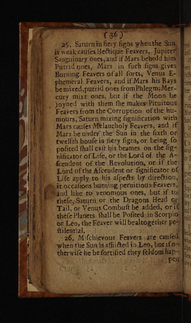 Mb s. uA d £O ALES (36) NS 25, Saturnin fiery fighs whenthe Sum, is weak caufes Hectique Feavers,. Jupiter Sanguinary Ones, and if Mars behold him: Putrid ones, Mars in fuch-figns gives } Burning Feavers of all forts, Venus E- Jy, phemeral, Feavers, and if Mars his Rays Wis be mixed,putrid ones fromPhlegm;Mer- a cury mixt ones, but if the Moon be B. joyned with them fhe makes Pituitous f. Feavers from the Corruption ofthe hu- f, motrs, Saturn mixing fignification with fo. Mars caufes Melancholy Feavers, and if $ . Mars be under the Sun in. the fixth or Jp, twelfth houfe in fiery figns, or being fo T pofited fhall caft his beames, on the fig- 9. nificator of Life, or the Lord of. the A- § , fcendent of the Revolution, or if the: J. Lord ofthe Afcendent or fignificator of f. ^ Life apply: to: his afpe&ts by direction; T, it.occafions burning pernitiousFeavers, J). Mand like to venomous ones, but if to) T... thefeSaturniior the Dragons, Head or T... Tail. or Venus Combuft be added, or if |... the(e Planets: fhall be Pofited;in Scorpio or Leo, the Feaver will bealtogethér pe^ ftilential, , 26; Mifchievous Feavers are canfed ‘when the Sun is afhicted in Leo, bntif 03 therwife he be fortified they feldom hap- | pen